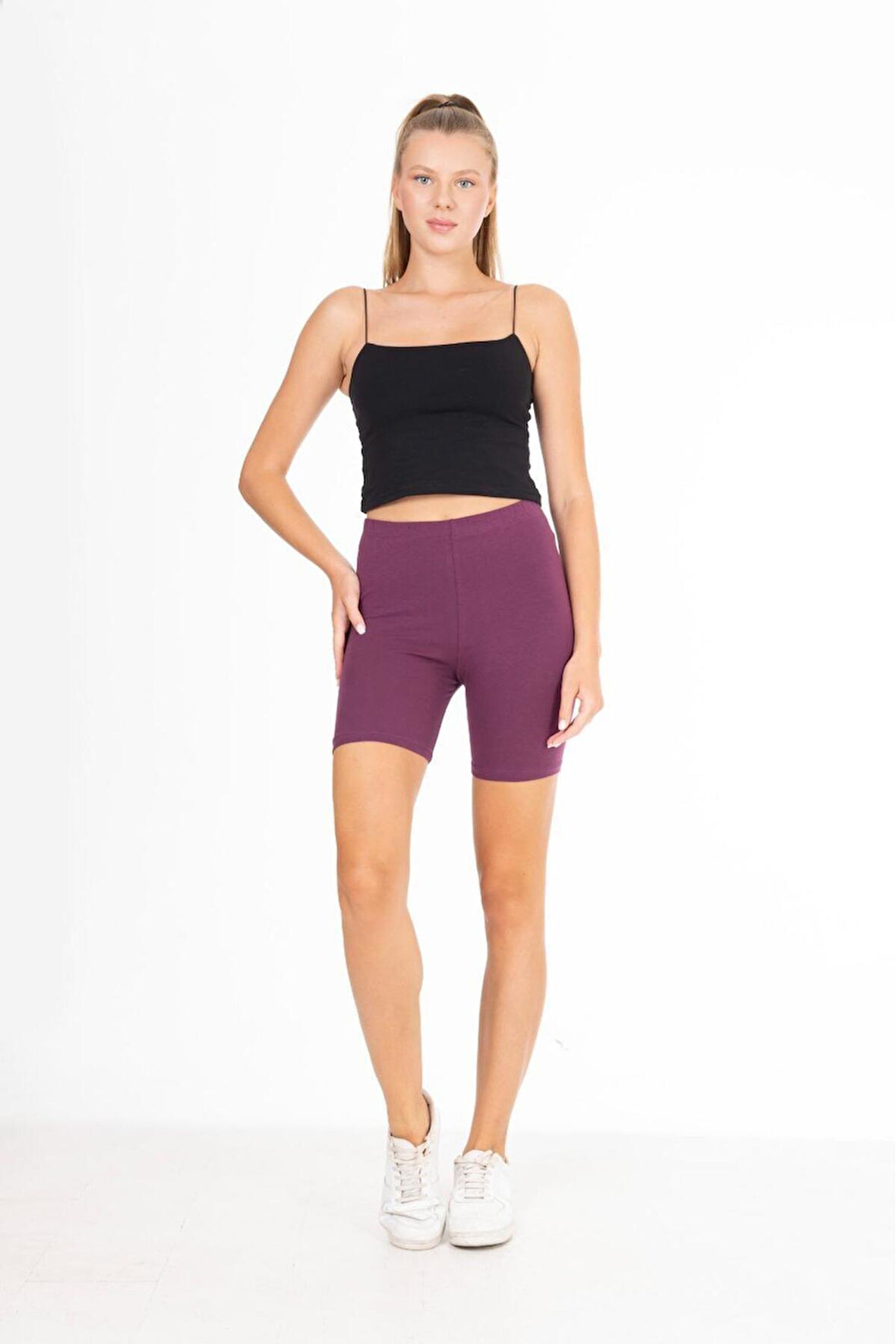 Süper Kalite Mor Penye %100 Pamuklu Likralı Diz üstü Şort Biker Tayt Yüksek Bel