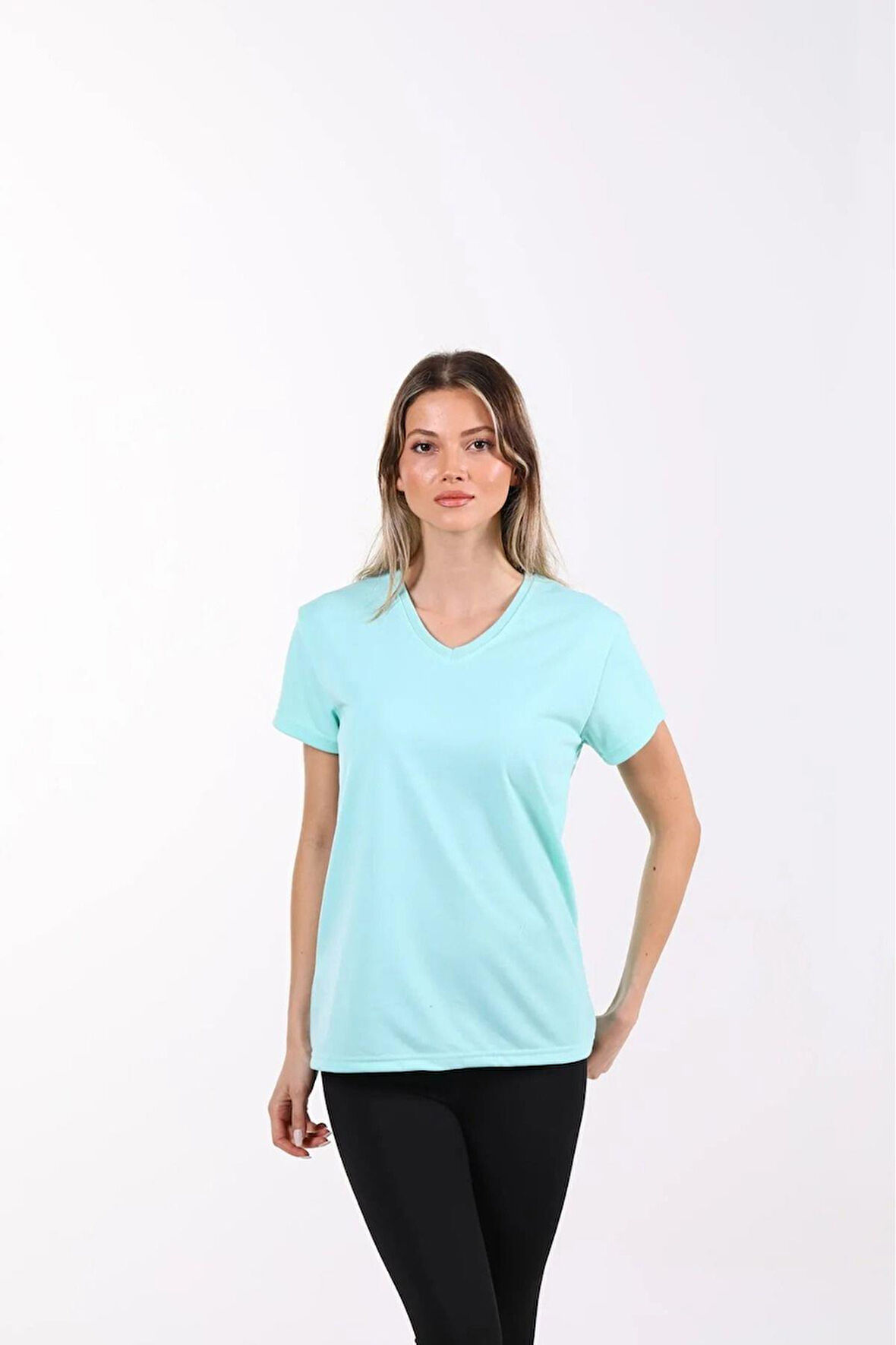 %100 Pamuk Süper Kalite Mint V Yaka Kadın Basic Tişört Örme Pamuk Penye T-shirt