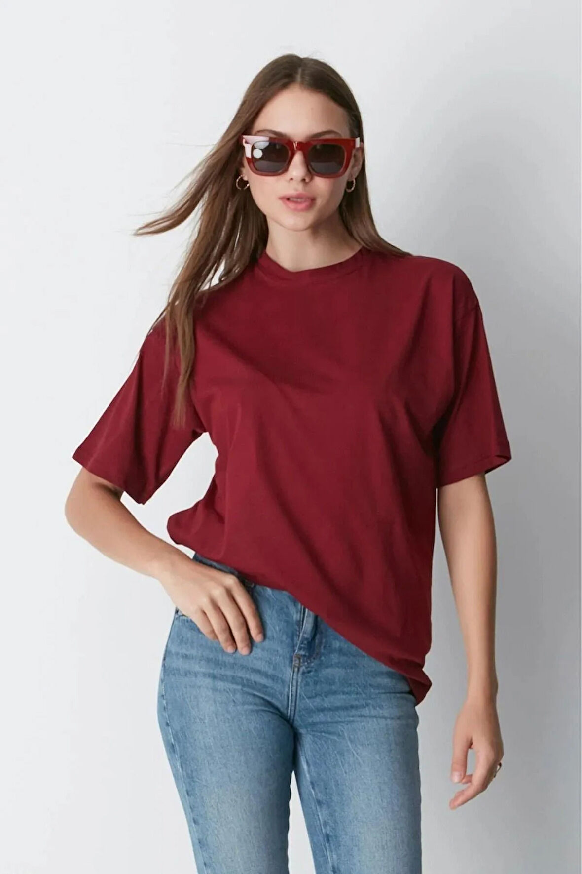 Süper Kalite Kadın %100 Pamuk Bordo Bisiklet Yaka Oversize Boyfriend T-shirt