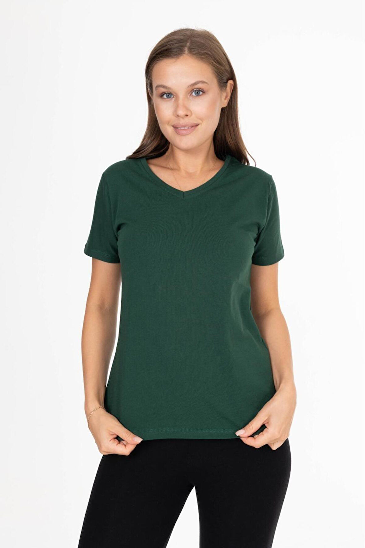%100 Pamuk Süper Kalite Zümrüt Yeşili V Yaka Kadın Basic Tişört Örme Pamuk Penye T-shirt