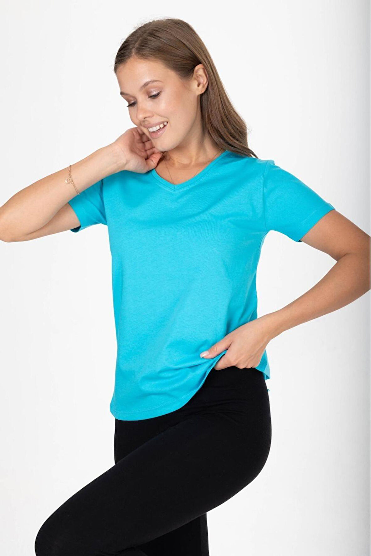 %100 Pamuk Süper Kalite Turkuaz Mavisi V Yaka Kadın Basic Tişört Örme Pamuk Penye T-shirt
