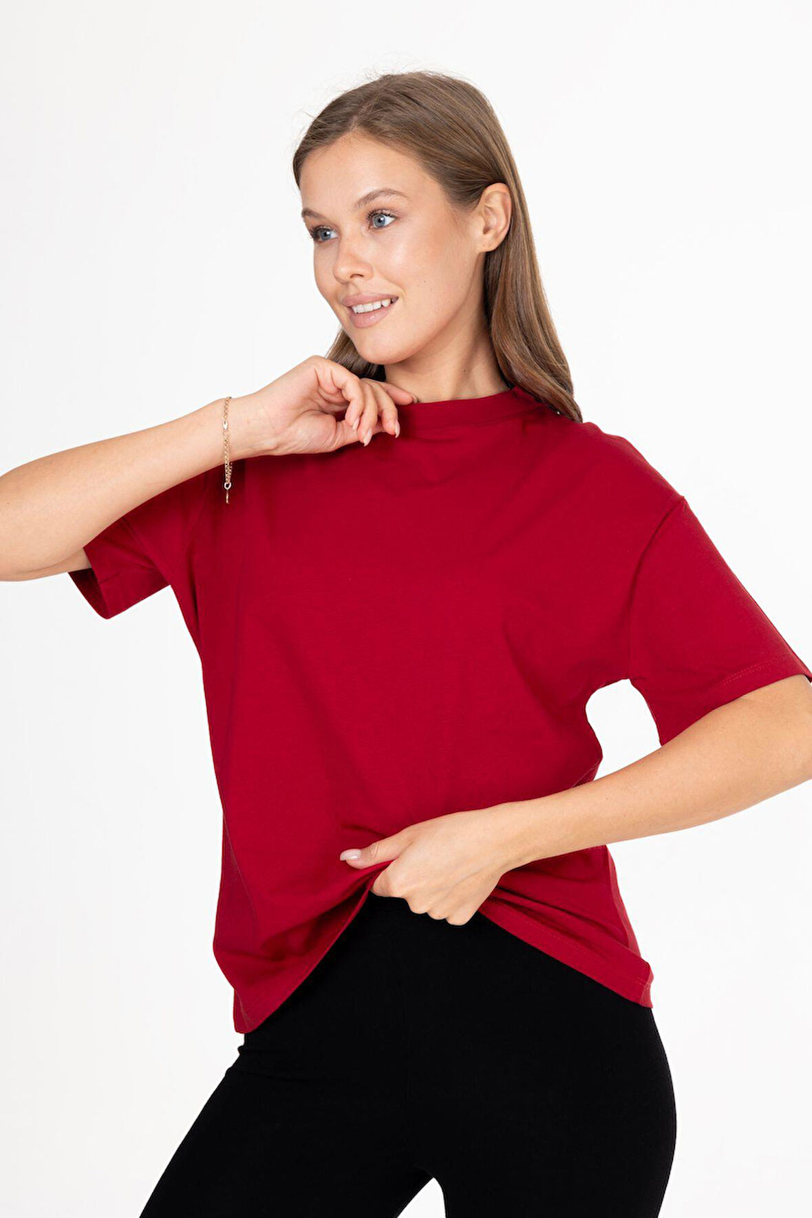 %100 Organik Pamuk Kadın Bordo Basic Ribana'lı Dik Yaka Örme T-shirt Yarım Balıkçı