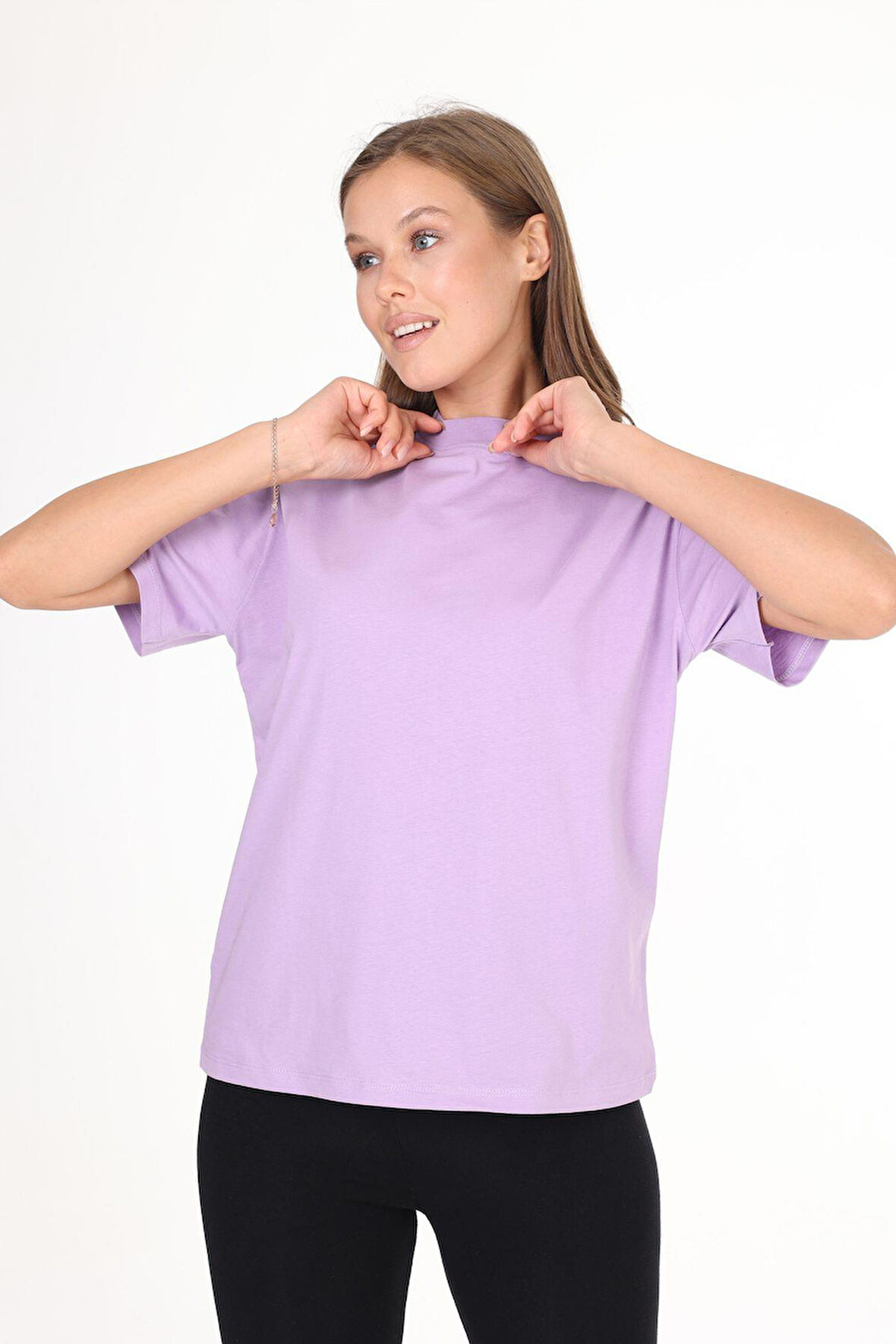 %100 Organik Pamuk Kadın Lila Basic Ribana'lı Dik Yaka Örme T-shirt Yarım Balıkçı