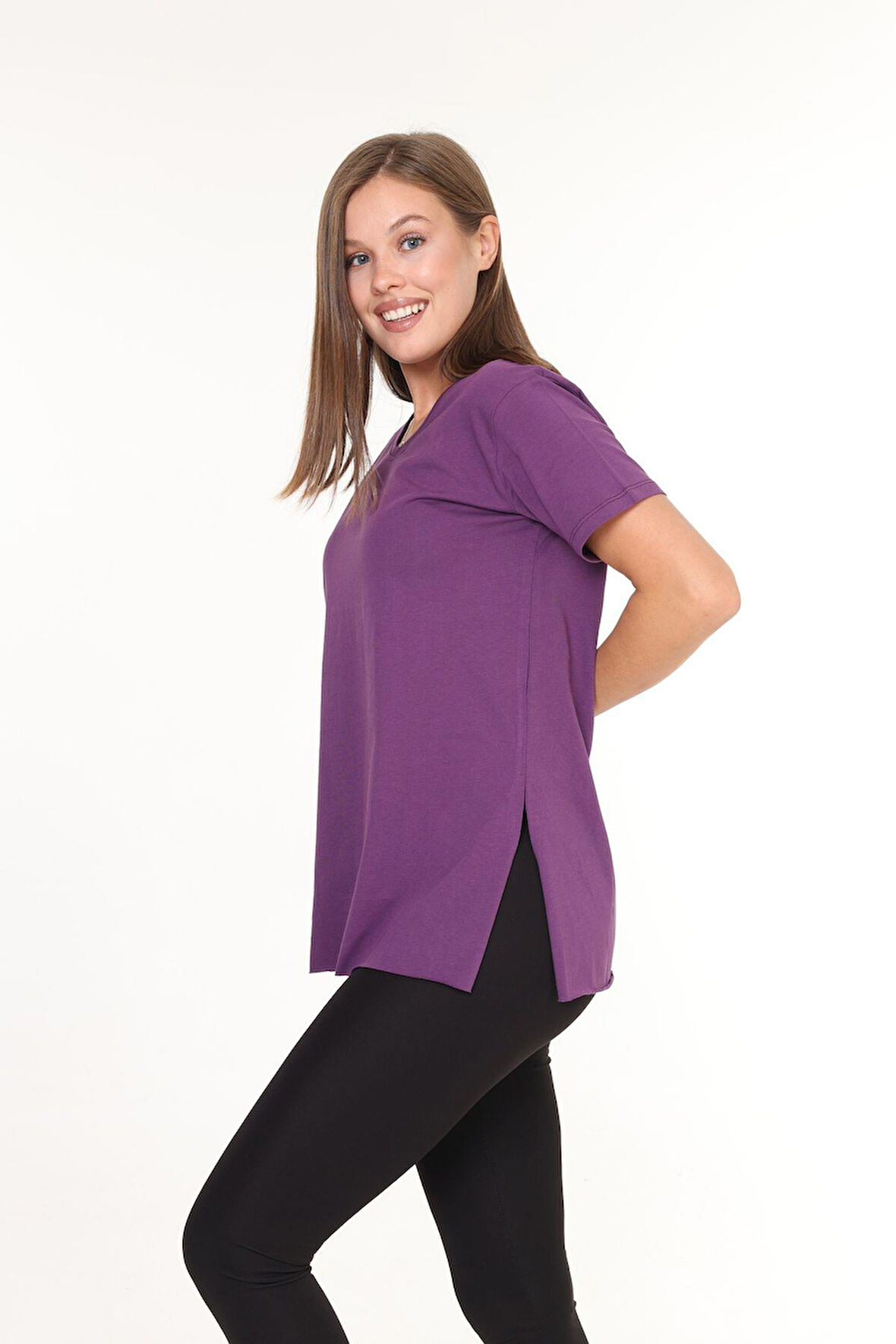 %100 Pamuk Kadın Mor V yaka yanı yırtmaçlı asimetrik penye pamuk örme T-shirt tunik