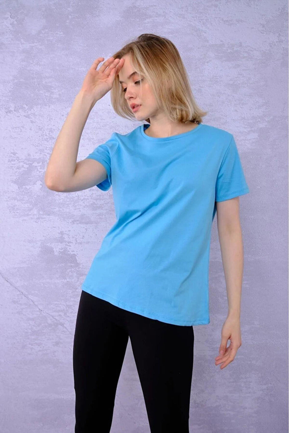 %100 Pamuk Kadın Tişört Düz Renk Turkuaz Bisiklet Yaka Penye T-Shirt