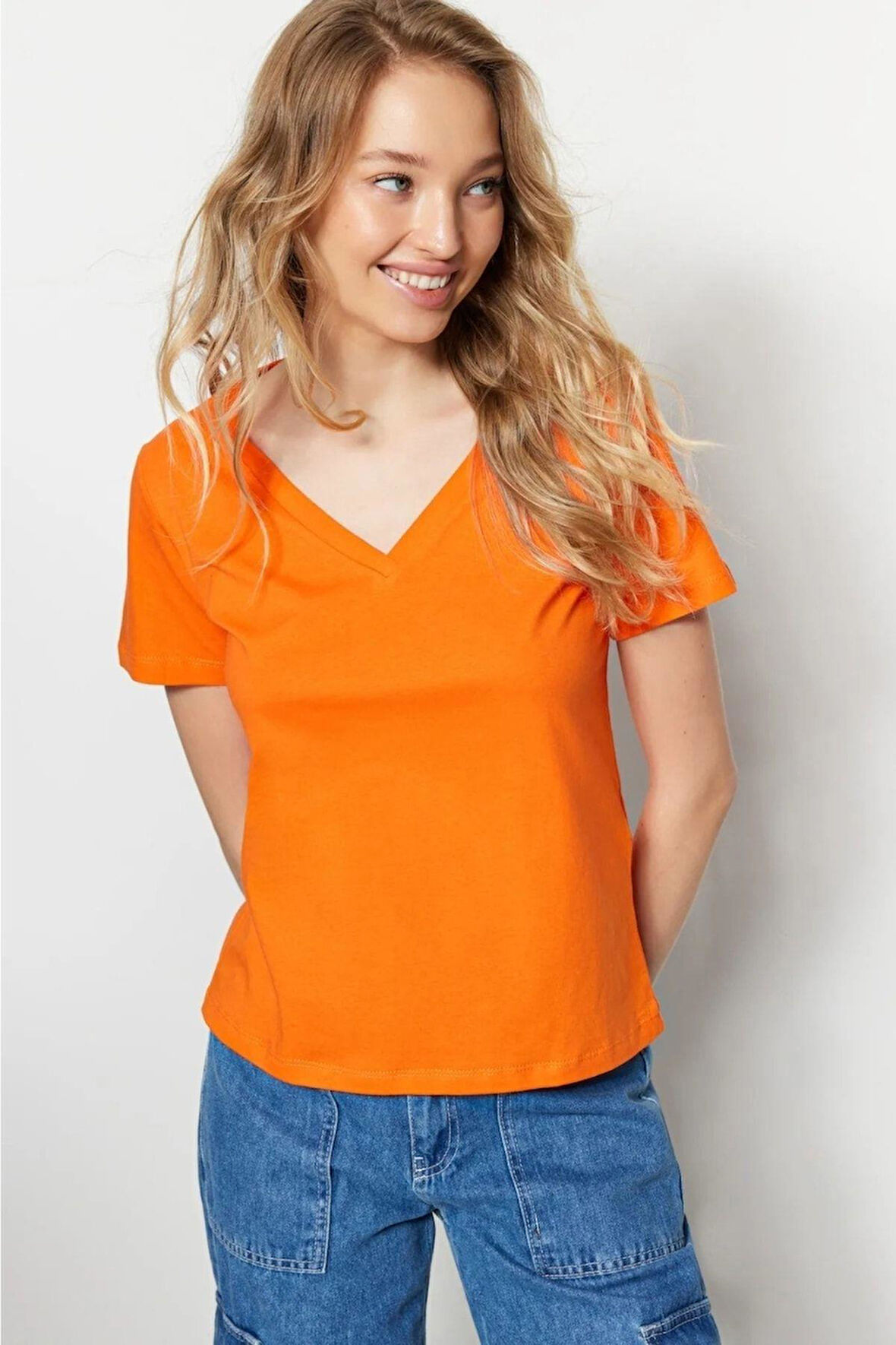 %100 Pamuk Süper Kalite Oranj V-yaka Kadın Basic Tişört Örme Pamuk Penye T-shirt Turuncu Orange