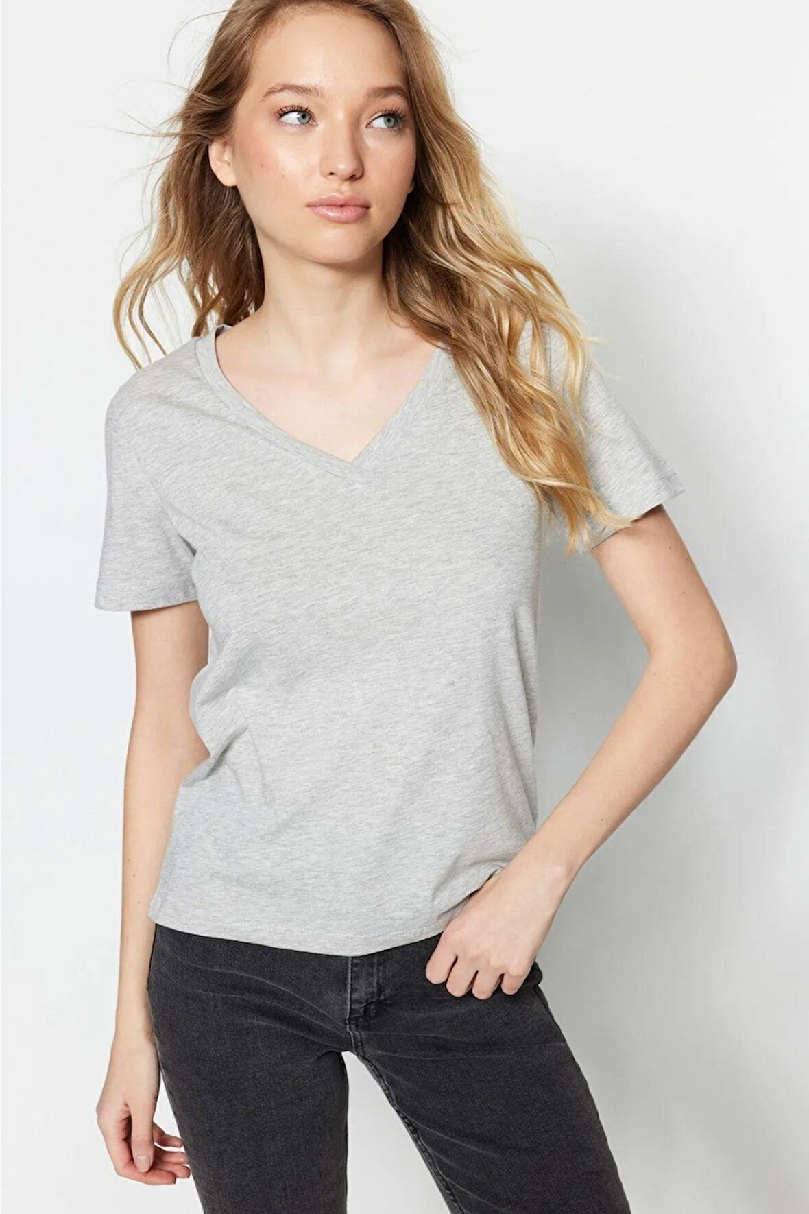 %100 Pamuk Süper Kalite Gri Melanj V-yaka Kadın Basic Tişört Örme Pamuk Penye T-shirt