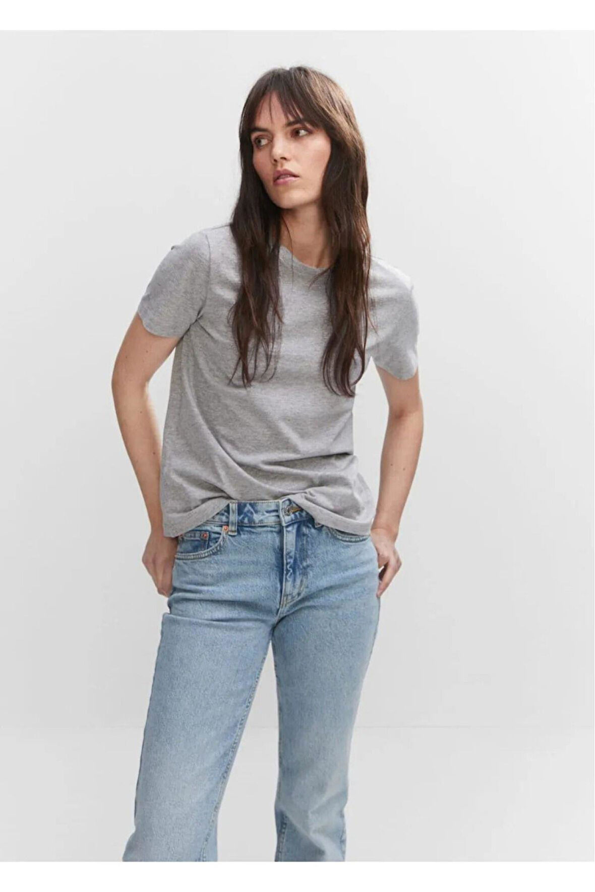 %100 Pamuk Süper Kalite Kadın Tişört Düz Renk Gri Melanj Bisiklet Yaka Organik Pamuk Penye T-shirt