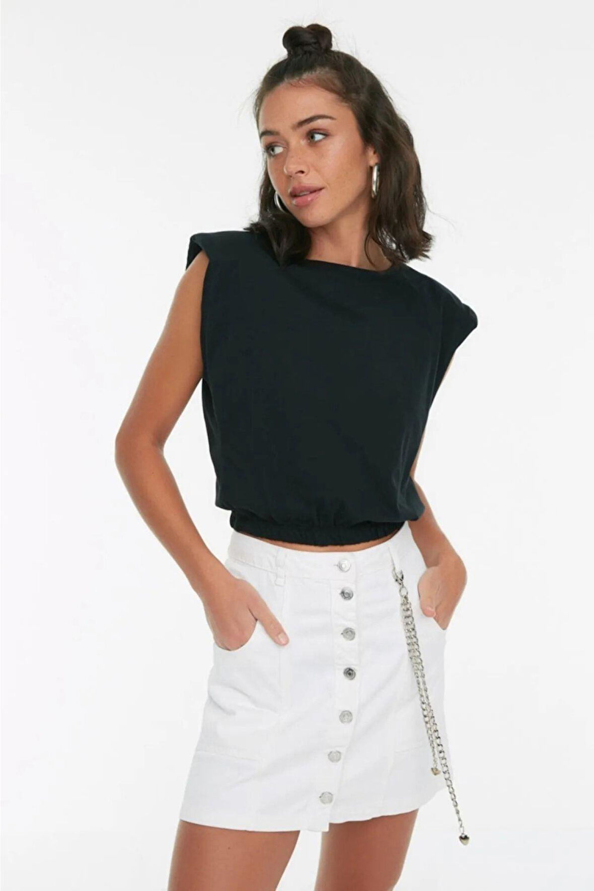 Siyah %100 Pamuk Vatkalı Crop Bisiklet Yaka Örme T-shirt