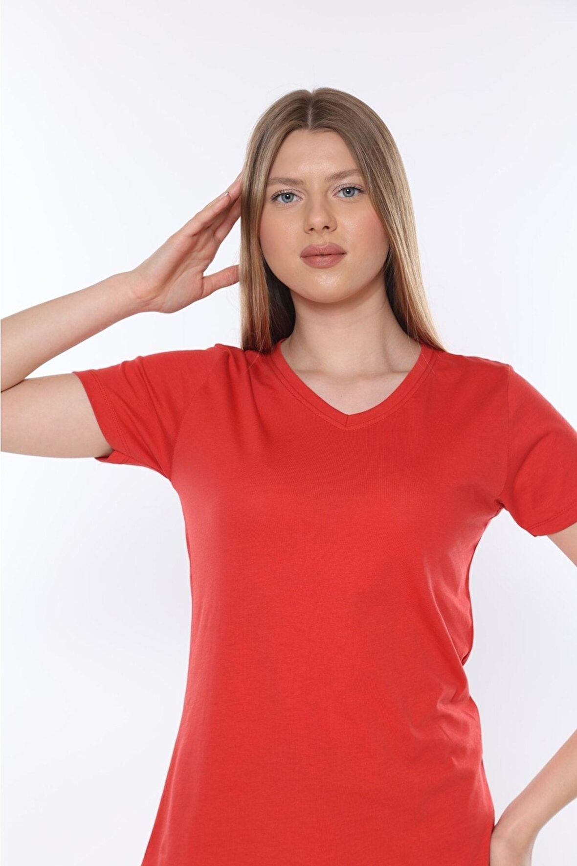 %100 Pamuk Süper Kalite V Yaka Kadın Basic Tişört Örme Pamuk Penye T-shirt