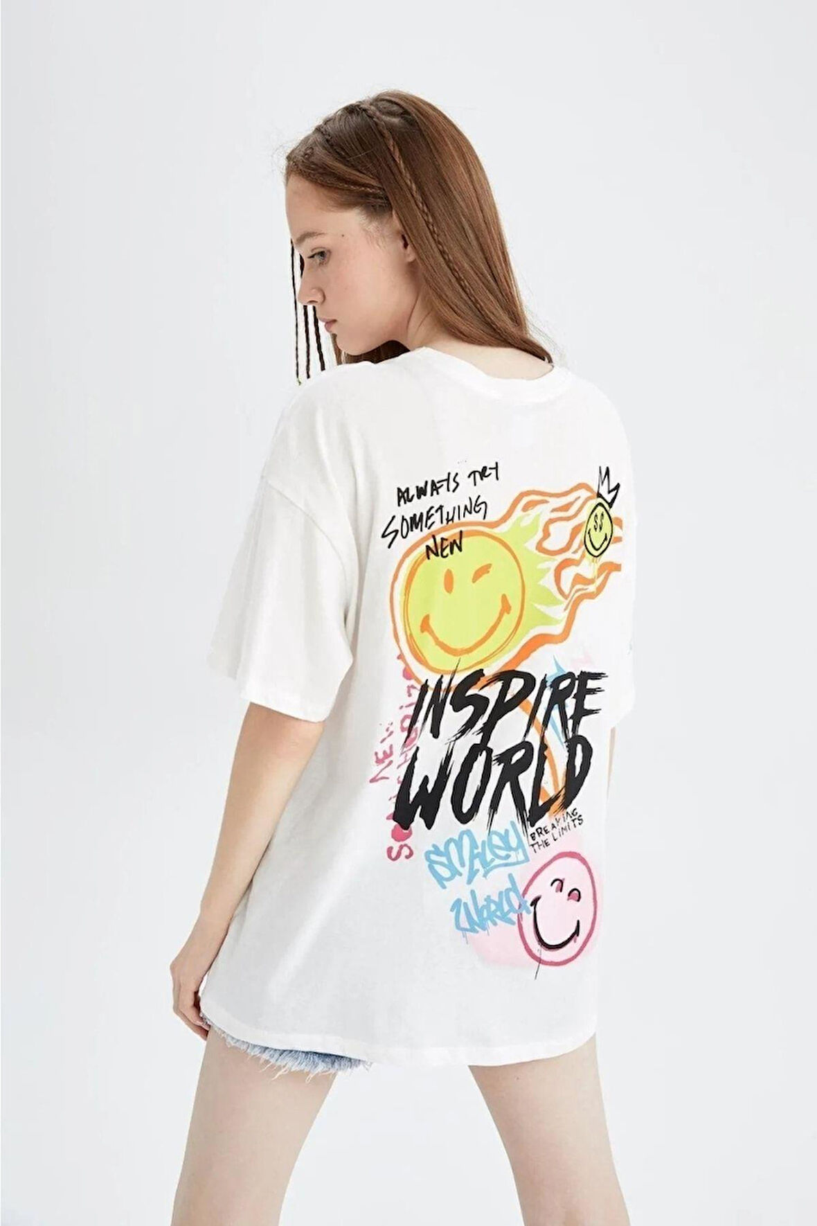 Ön Arka Ve Kol Baskılı %100 Pamuk Süper Kalite Penye Oversize T-shirt