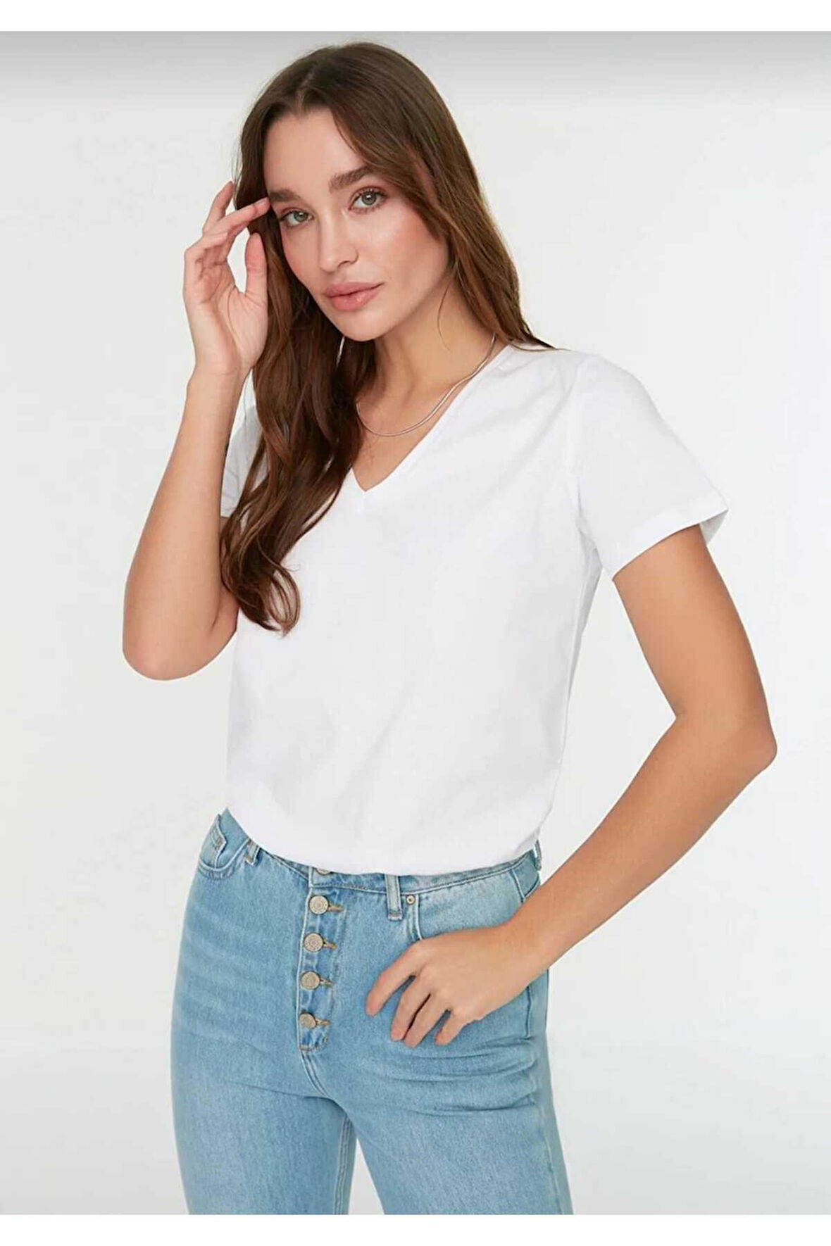 süper kalite Beyaz V yaka kadın tişört düz renk basic organik pamuk örme penye t-shirt