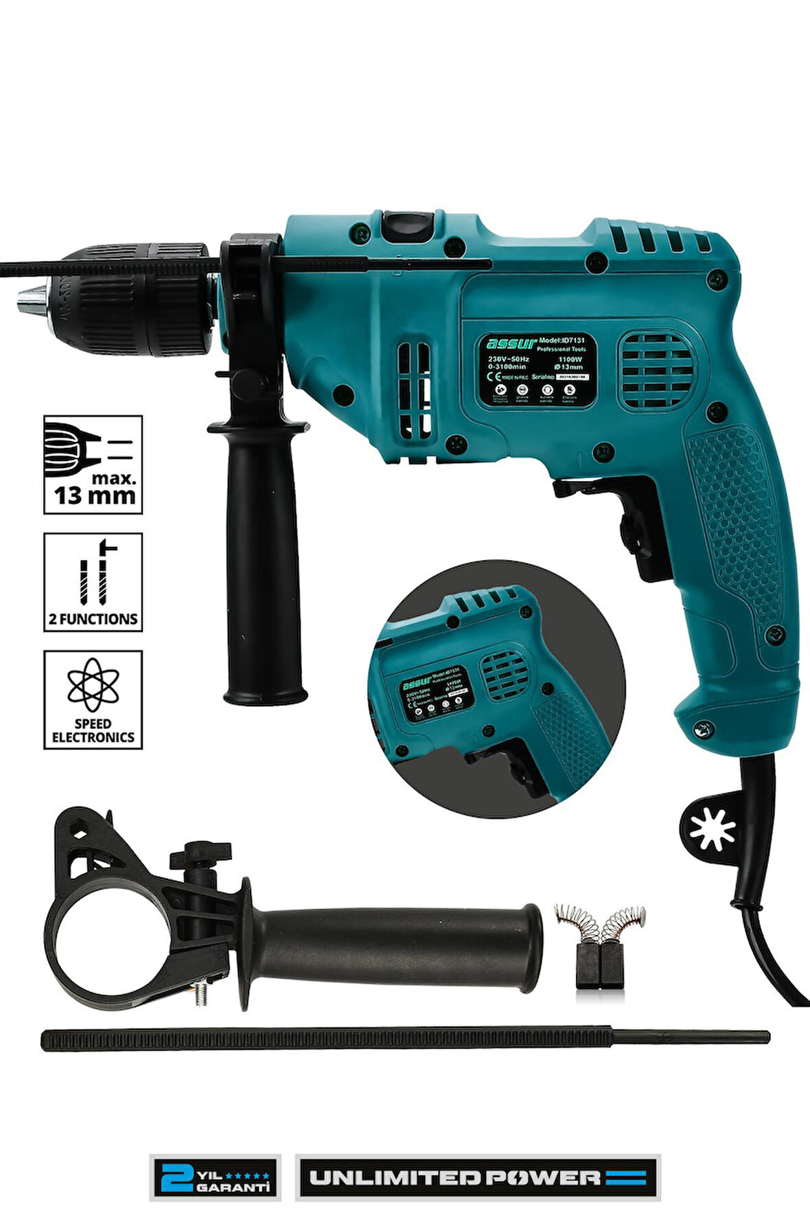 Assur Darbeli Germany Style 240V 60Hz Profesional 1100W Metal Şanzıman 13mm Elektrikli Matkap