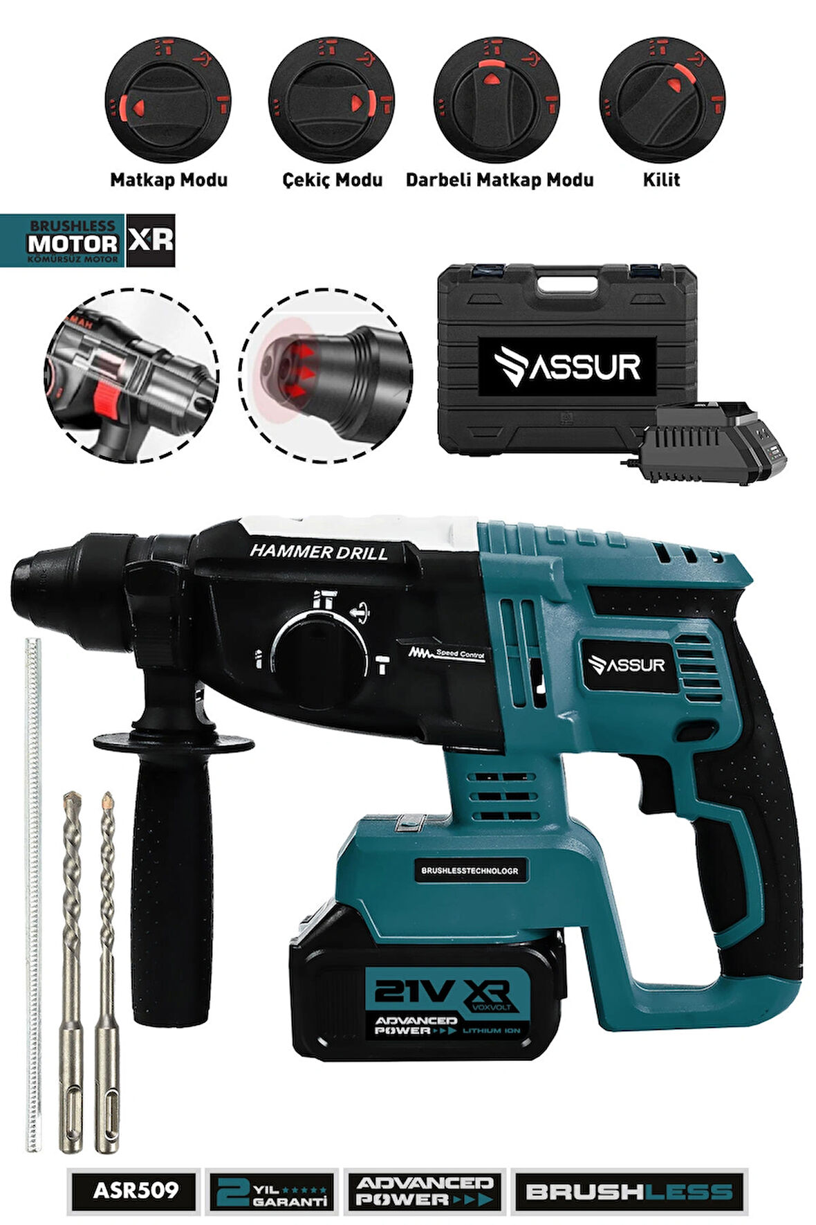 Assur 21V  Bakır Sargılı Kömürsüz Motor Darbeli Çift Akülü Şarjlı Kırıcı Delici 2-26 mm Hilti