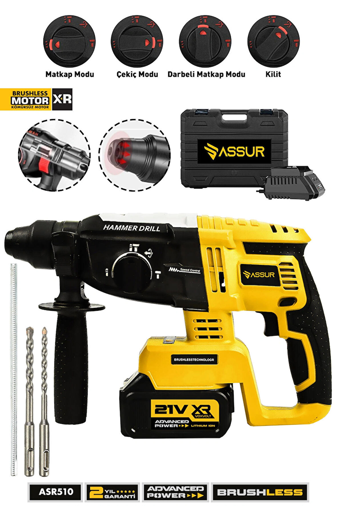 Assur 21V  Bakır Sargılı Kömürsüz Motor Darbeli Çift Akülü Şarjlı Kırıcı Delici 2-26 mm Hilti