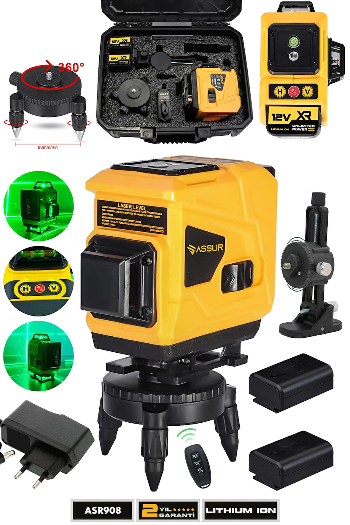 Assur 360° 12 Köşe Otomatik Hizalamalı Lazer Metre Hizalama  Çizgili Lazer Hizalama Su Terazili