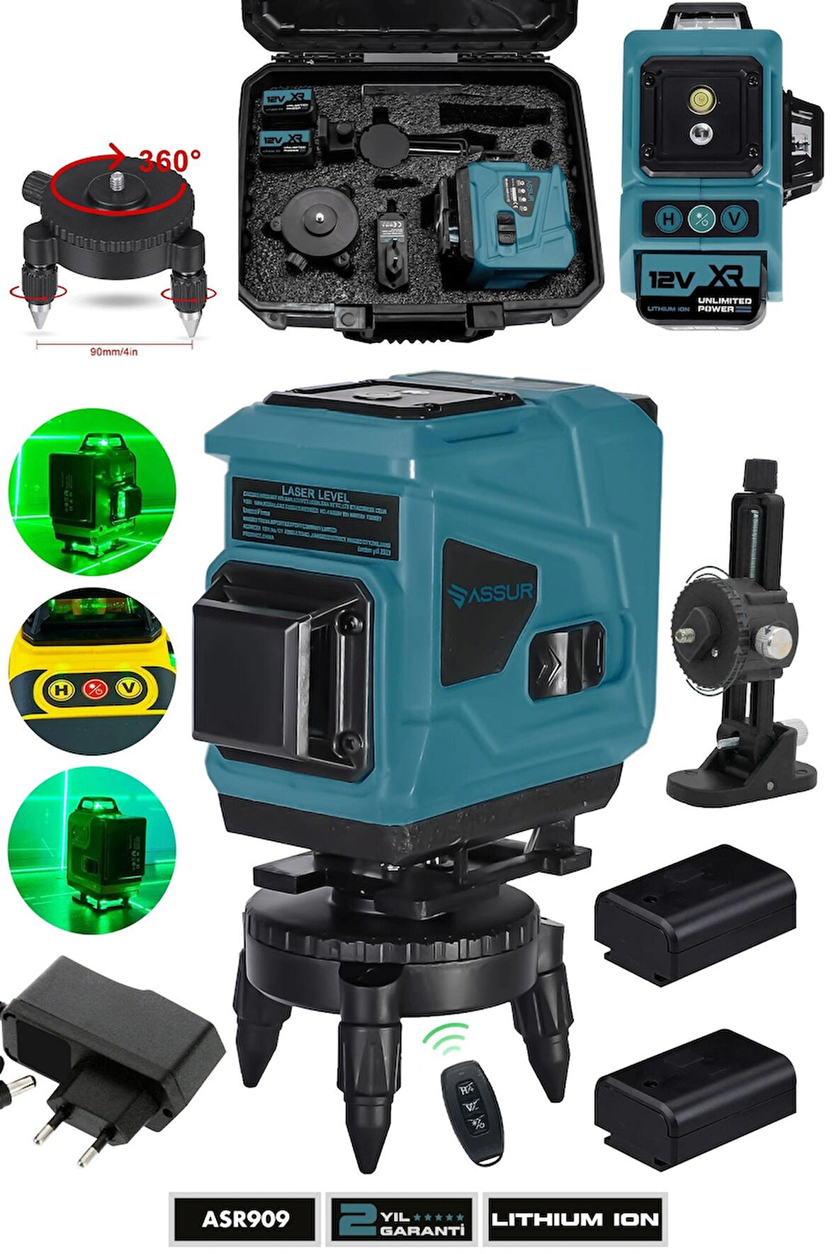 Assur 360° 12 Köşe Otomatik Hizalamalı Lazer Metre Hizalama  Çizgili Lazer Hizalama Su Terazili