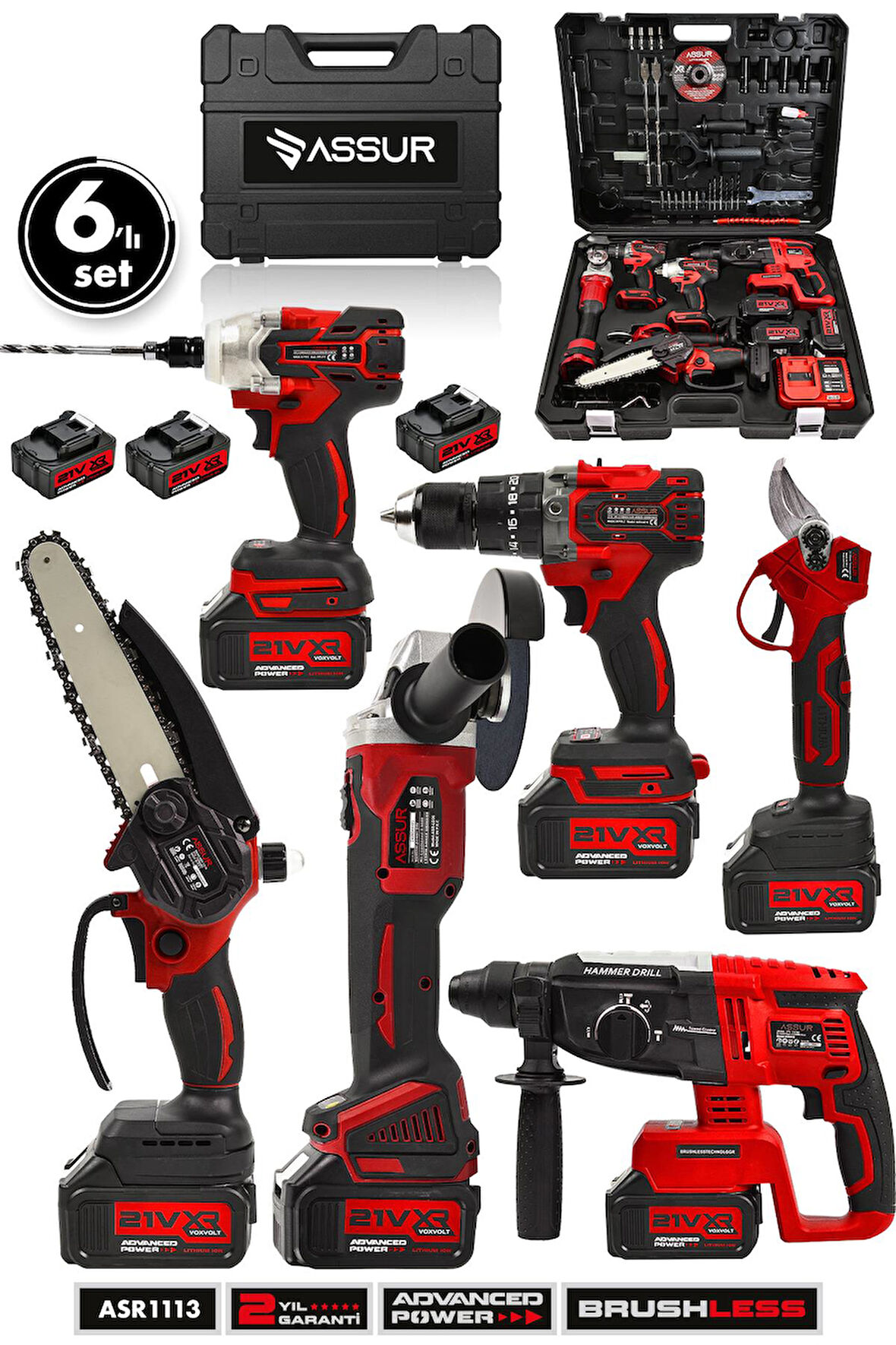 Assur 21V 2.0Ah Kömürsüz Darbeli 6'lı Set Matkap+Hilti+Taşlama+Somun Sıkma+Makas+Testere
