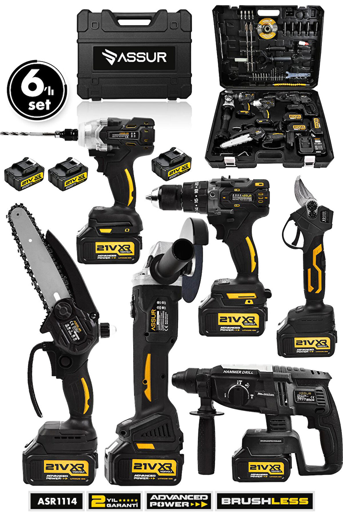 Assur 21V 2.0Ah Kömürsüz Darbeli 6'lı Set Matkap+Hilti+Taşlama+Somun Sıkma+Makas+Testere