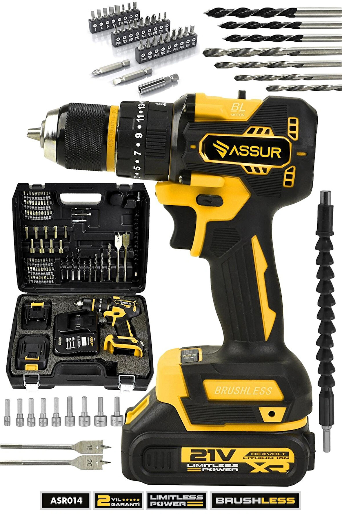 Assur 21V Bakır Sargı Kömürsüz Motor Çelik Mandren Darbeli Şarjlı Matkap Akülü Vidalama