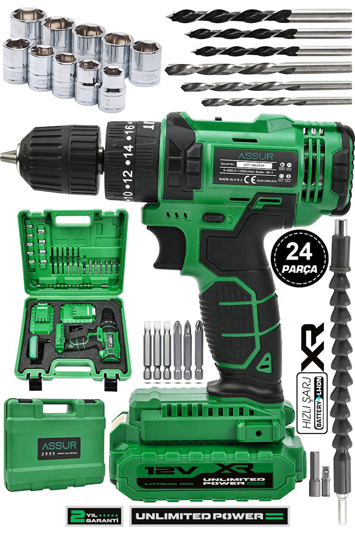 Assur 12V 1.5Ah Metal Şanzıman Çift Akülü Şarjlı Darbeli Matkap 24 Parça Akülü Vidalama