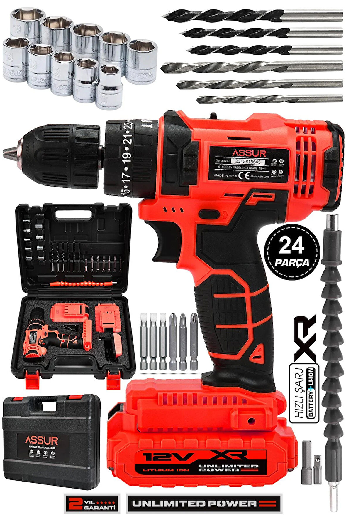Assur 12V 1.5Ah Metal Şanzıman Çift Akülü Şarjlı Darbeli Matkap 24 Parça Akülü Vidalama
