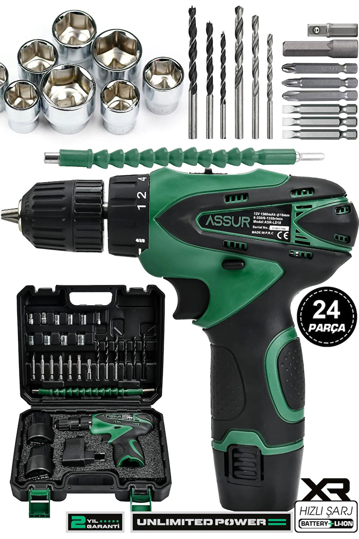 Assur 12V 1.5Ah Çift Akülü Vidalama Şarjlı Matkap 24 Parça