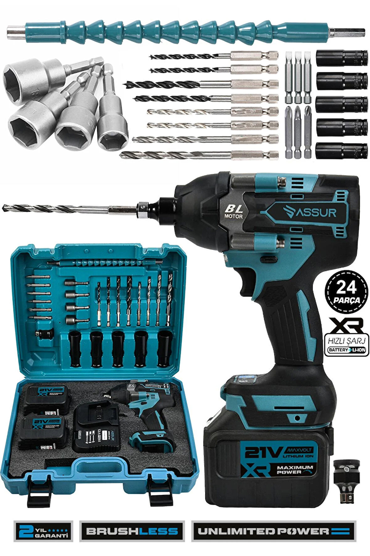 Assur 21V  Akülü Vidalama Darbeli Kömürsüz Motor 800Nm  Bijon Somun Sökme Sıkma