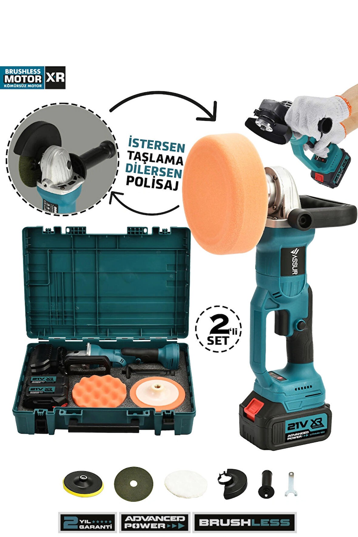 Assur 21V  Kömürsüz  125 mm Şarjlı Taşlama & Polisaj Makinesi 150 mm Set