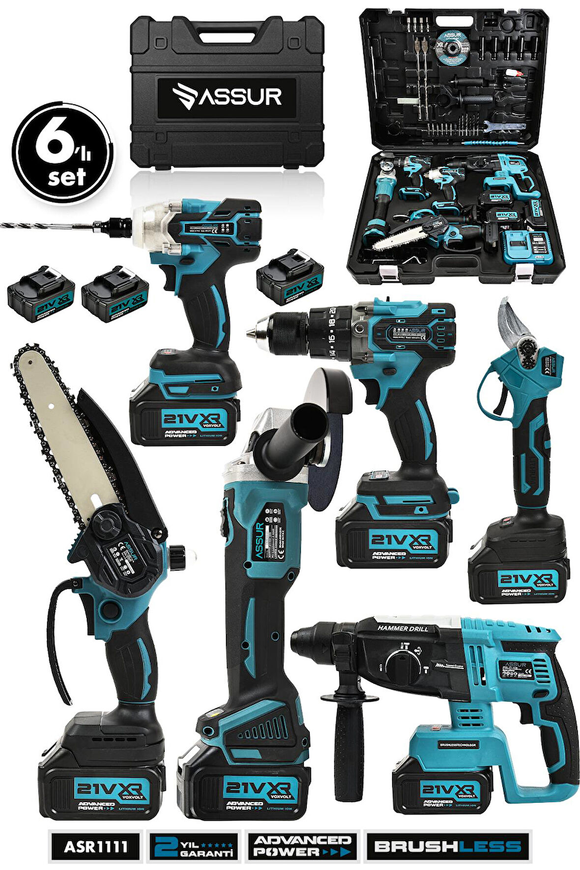 Assur 21V 2.0Ah Kömürsüz Darbeli 6'lı Set Matkap+Hilti+Taşlama+Somun Sıkma+Makas+Testere