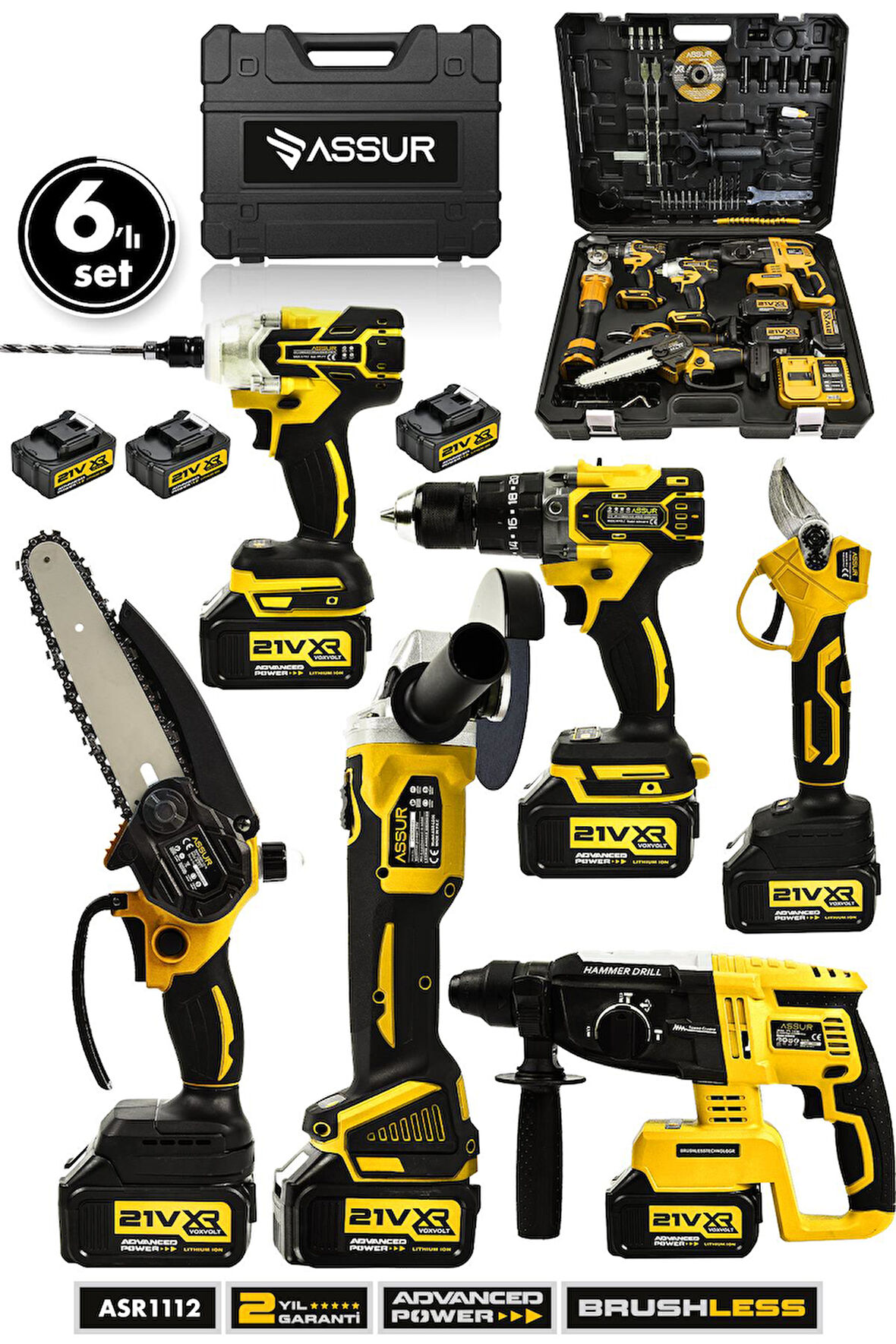 Assur 21V 2.0Ah Kömürsüz Darbeli 6'lı Set Matkap+Hilti+Taşlama+Somun Sıkma+Makas+Testere