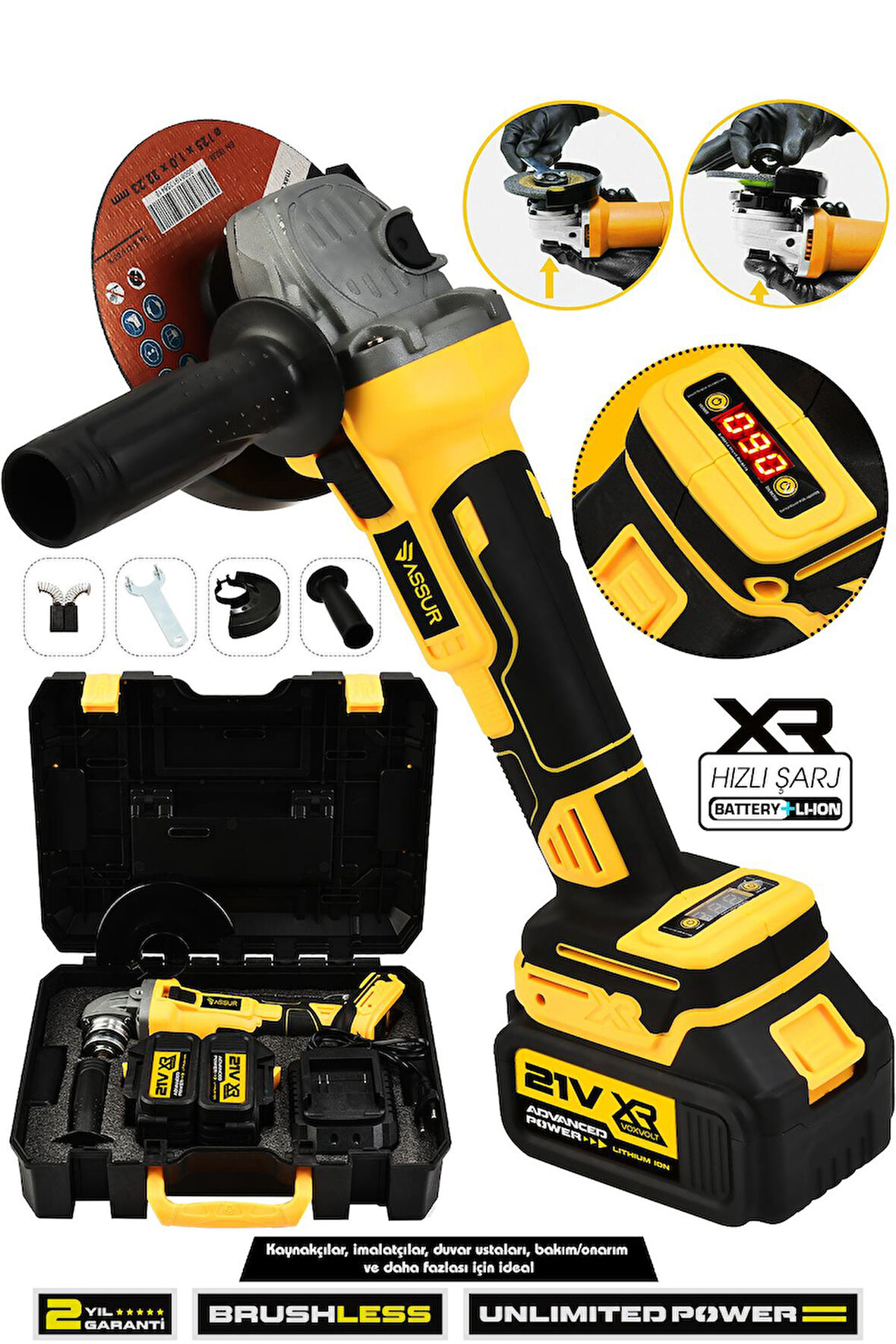 Assur  21V  Çift Akülü Kömürsüz Şarjlı 125 mm Avuç Taşlama Ve Testere Başlık