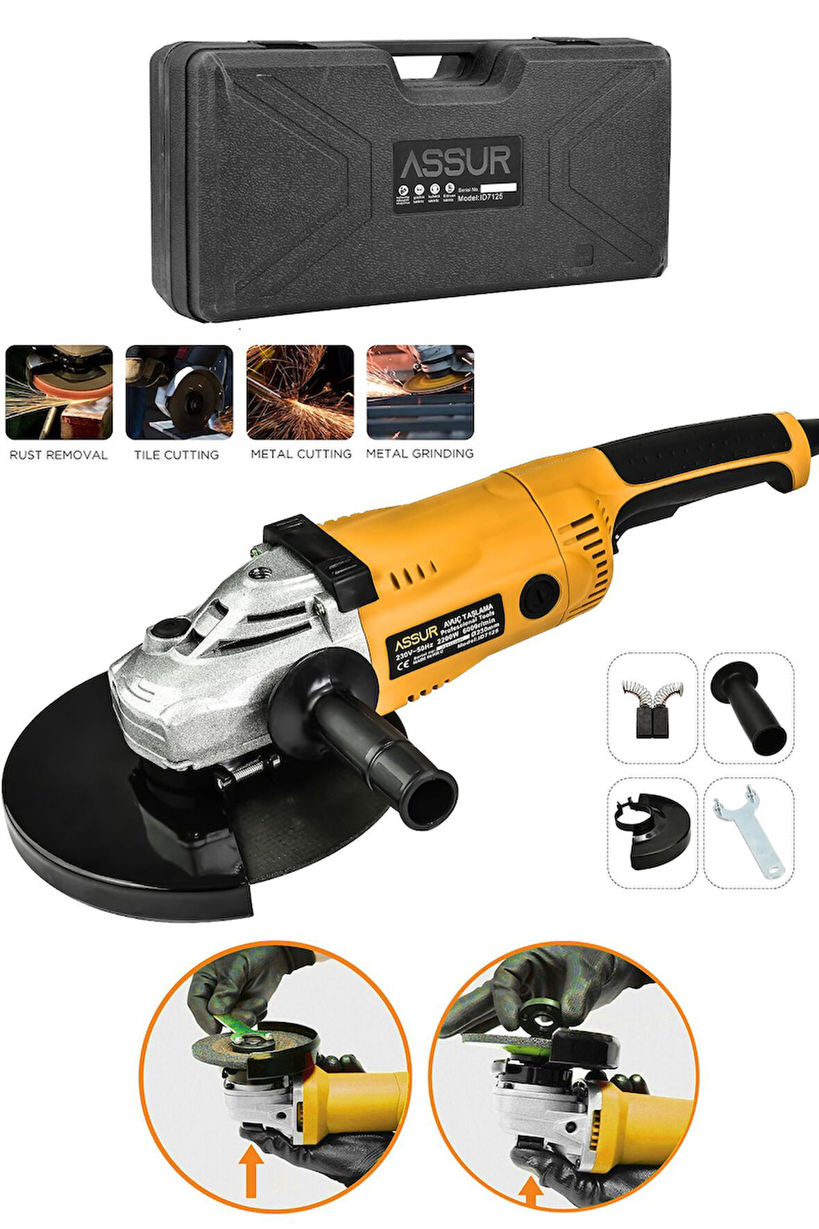Assur Metal Şanzıman 2200 W 230 Mm Büyük Spiral Taşlama Ve Kesme Makinesi Çantalı