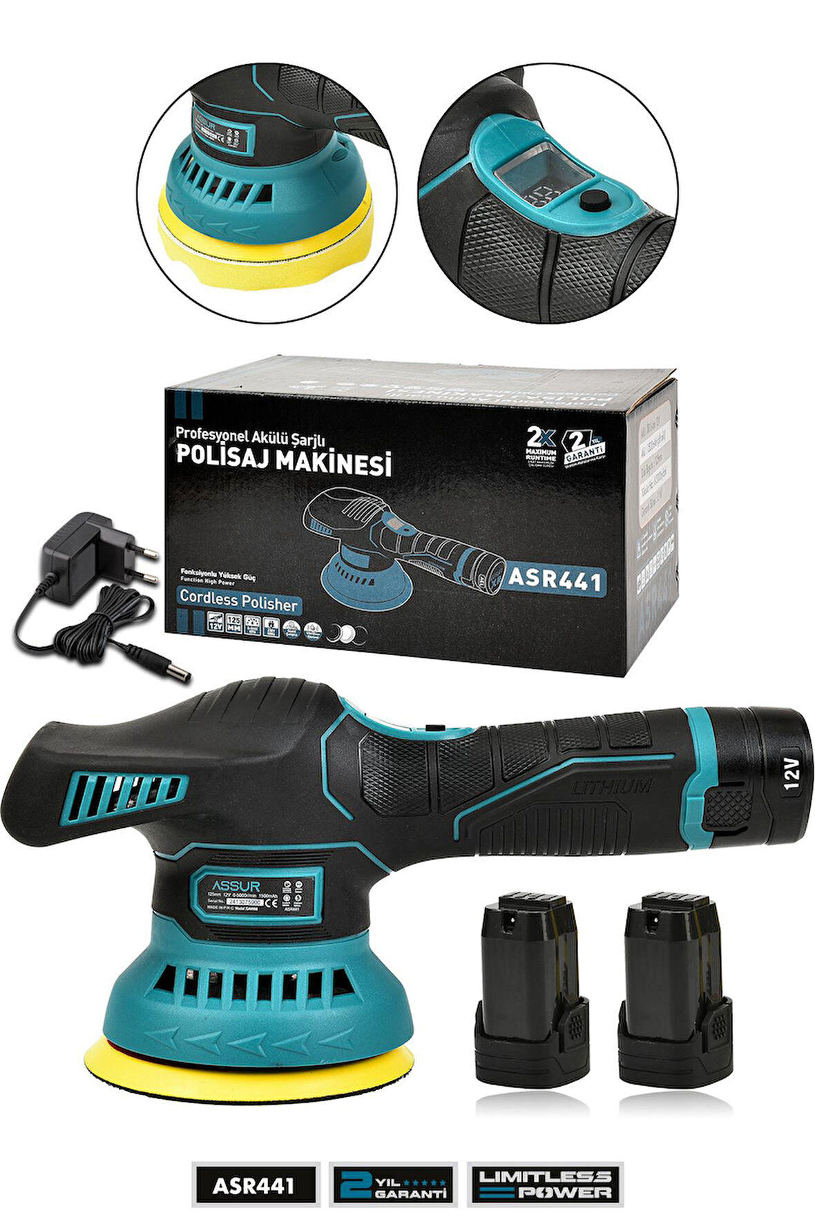 Assur 12V Orbital 8 Kademli Cila Pasta Parlatma Polisaj Makinesi Mavi