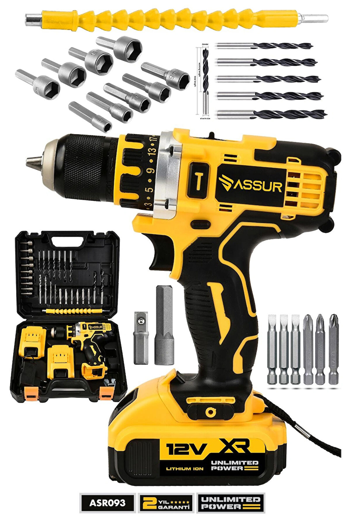 Assur 12V  Şarjlı Matkap Metal Şanzıman Bakır Sargılı Çift Akülü  Set