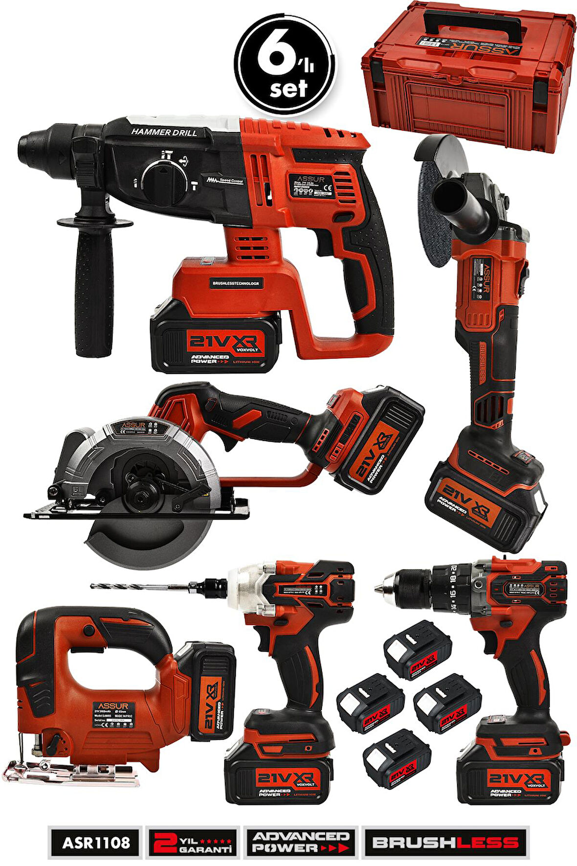 Assur 21V 2.0Ah Kömürsüz 6'lı Set Matkap Hilti Taşlama Somun Sıkma Dekupaj Testere Daire Testere Kırmızı