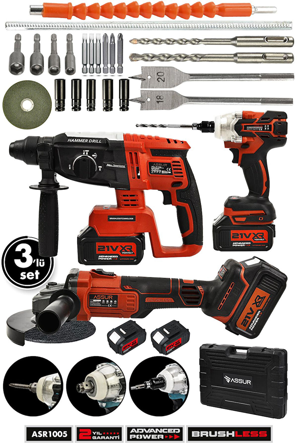 Assur 21V 3'Lü Set Şarjlı Hilti 2-26mm+450Nm Torklu Somun Sıkma+125mm Şarjlı Taşlama