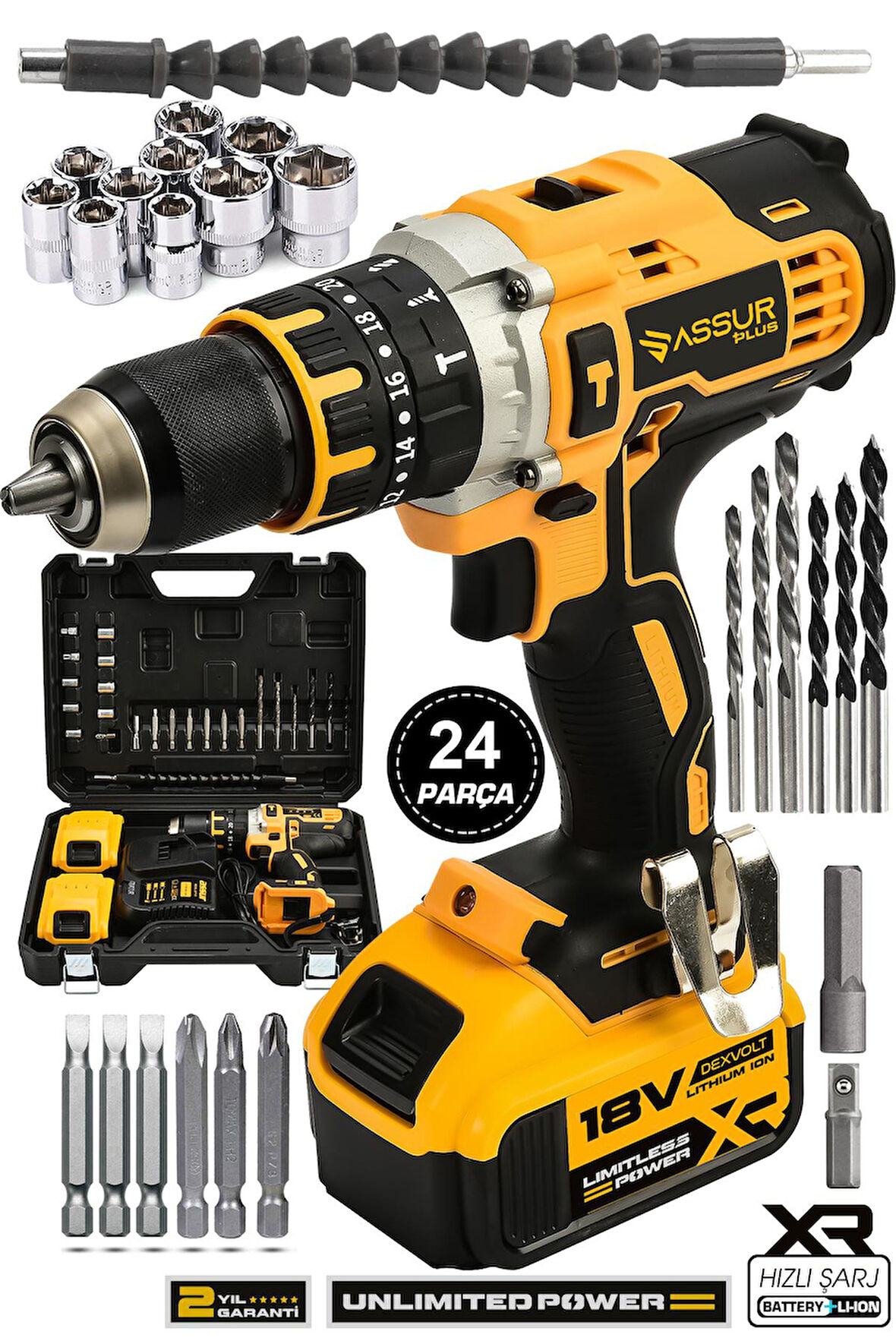Assur 18V Metal Şanzıman Çift Akülü Şarjlı Darbeli Matkap 