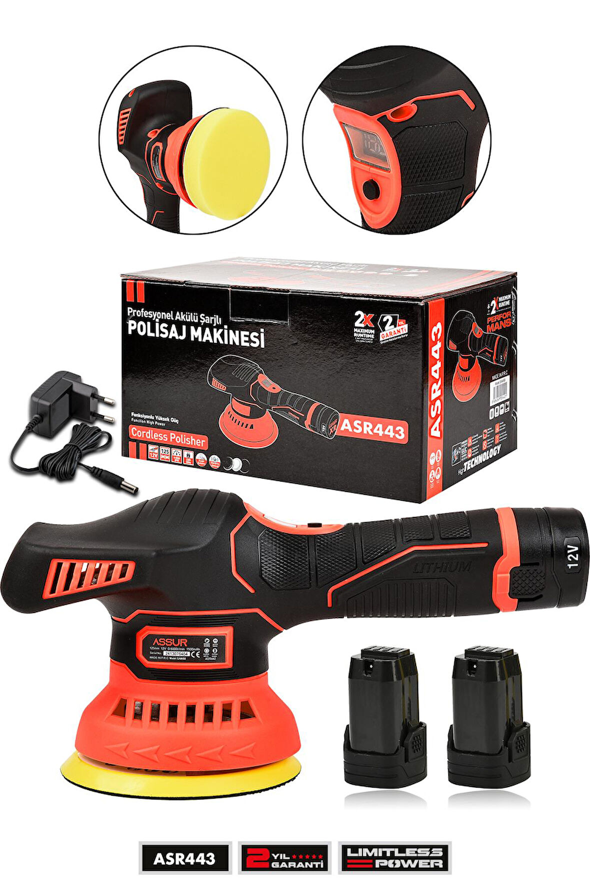 Assur 12V Orbital 8 Kademli Cila Pasta Parlatma Polisaj Makinesi Kırmızı