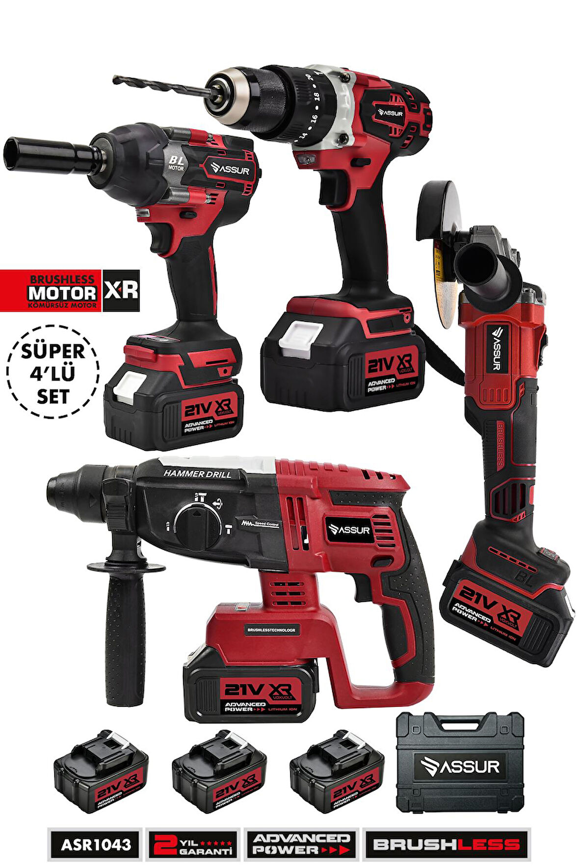 Assur Profesyonel 21V Taşlama Akülü Vidalama Kırıcı Delici Hilti Somun Sökme Sıkma 4'lü Set