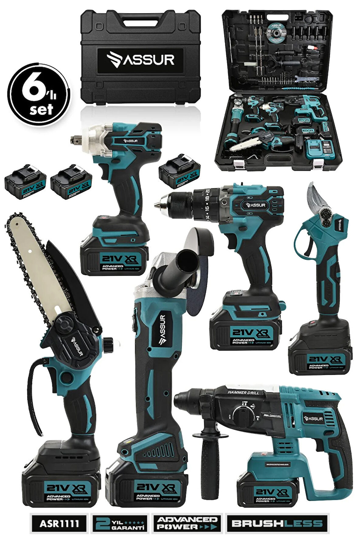 Assur Profesyonel 21V Hilti Matkap Somun Sıkma Makas Testere Taşlama 6'lı Set