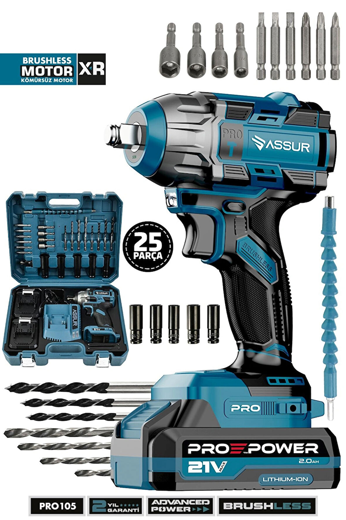 Pro 21V Çift Akülü Vidalama Çelik Mandren Kömürsüz Motor Darbeli Şarjlı Matkap