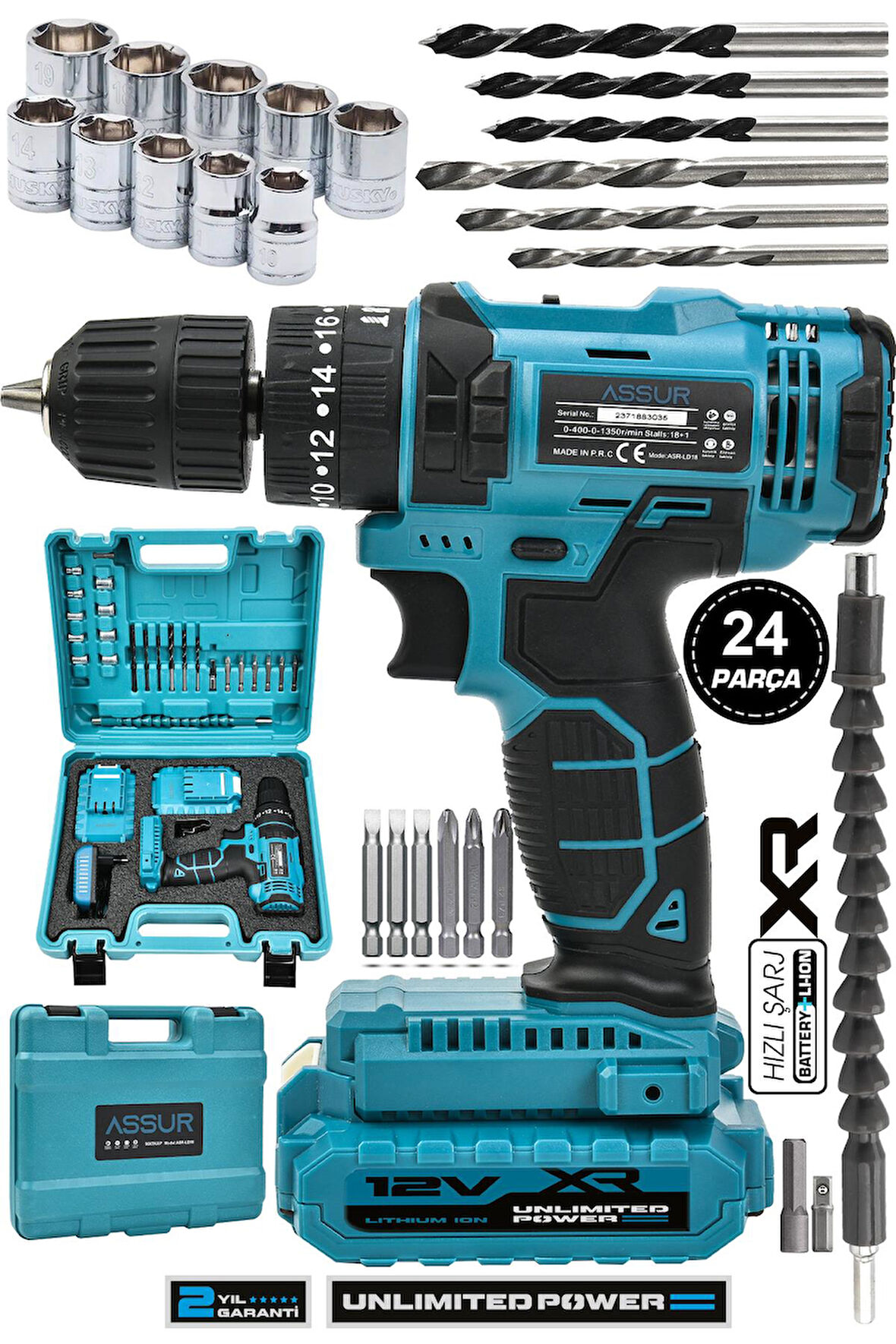 Assur 12V Metal Şanzıman Çift Akülü Şarjlı Darbeli Matkap Akülü Vidalama