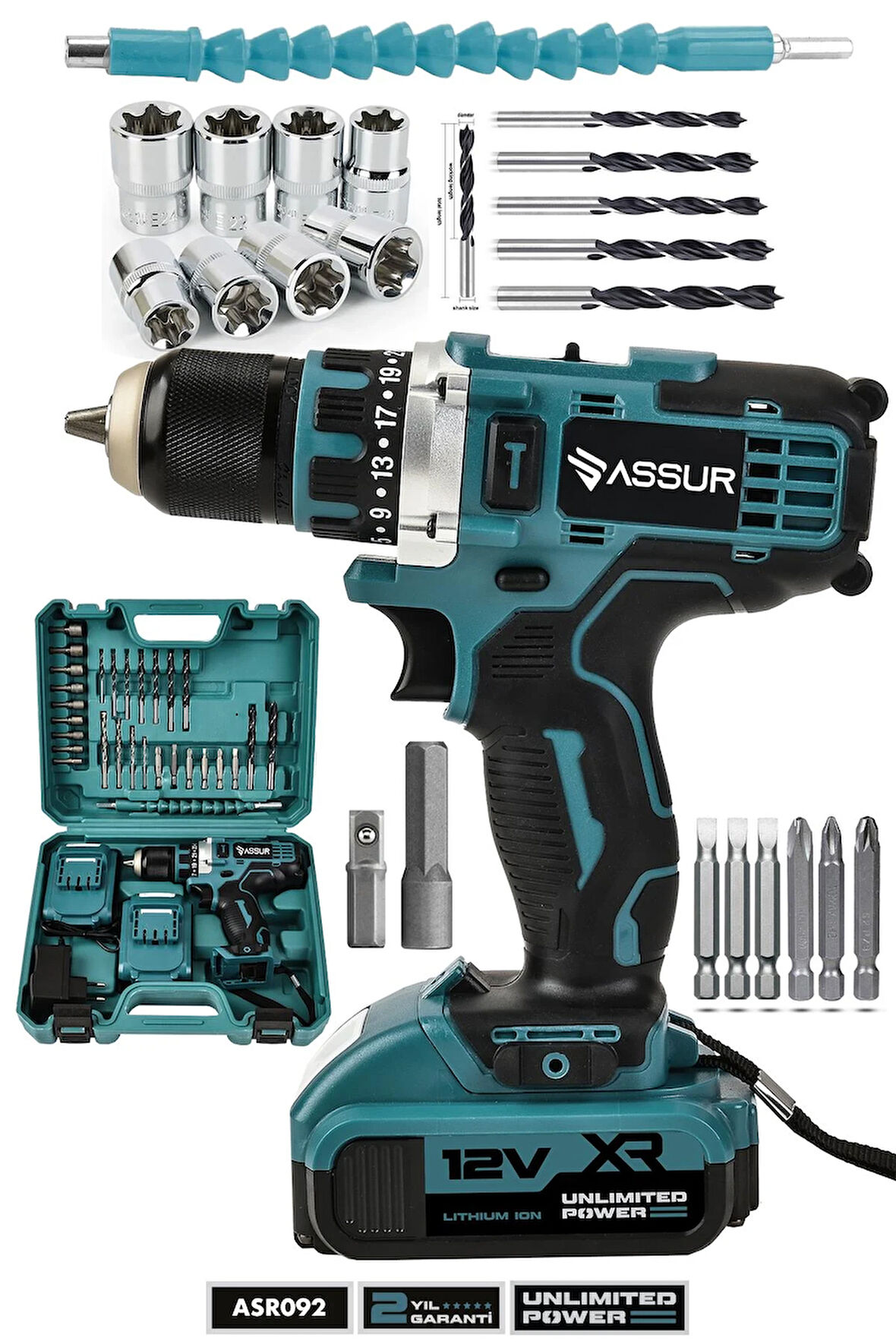 Assur 12V Çift Akülü Vidalama Çelik Mandren Bakır Sargılı Şarjlı Matkap