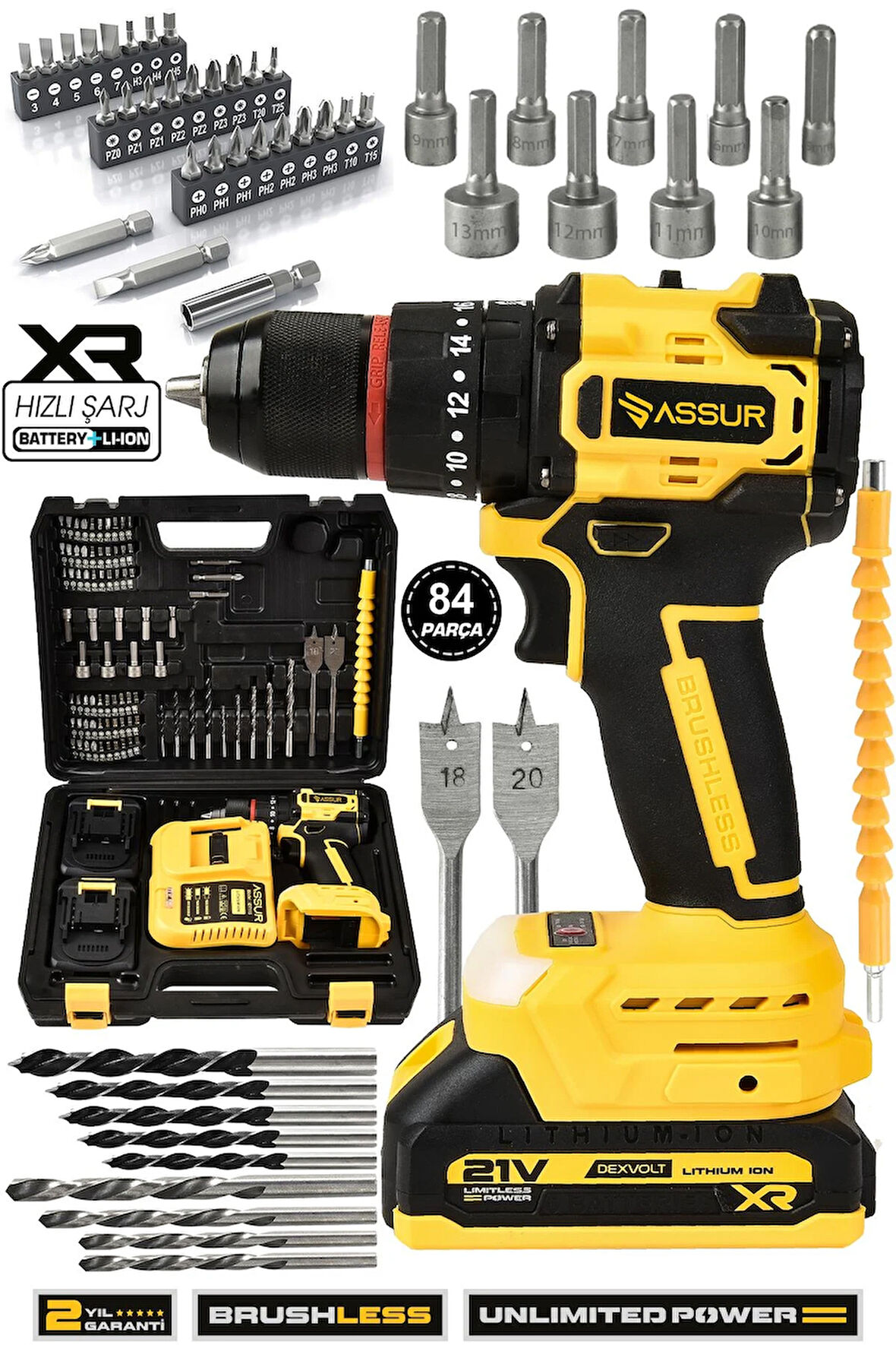 Assur 21V Çelik Mandren Kömürsüz Motor Darbeli Şarjlı Matkap Akülü Vidalama