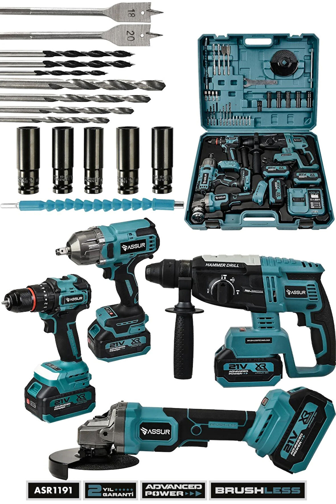 Assur 21V Darbeli Kömürsüz 4'lü Set Kırıcı Delici Hilti & Taşlama & Somun Sıkma Sökme & Matkap Vidalama