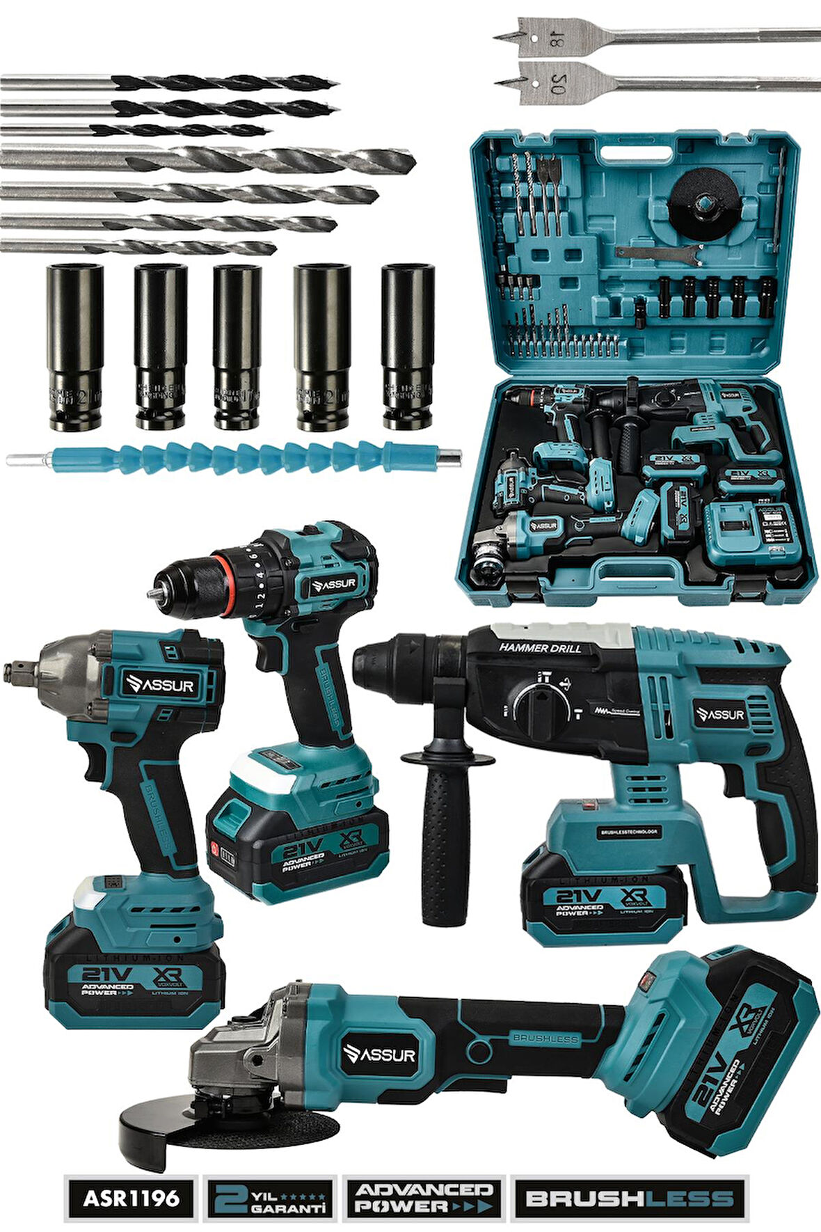 Assur 21V Darbeli Kömürsüz 4'lü Set Taşlama - Somun Sıkma Sökme - Matkap Vidalama -  Kırıcı Delici Hilti