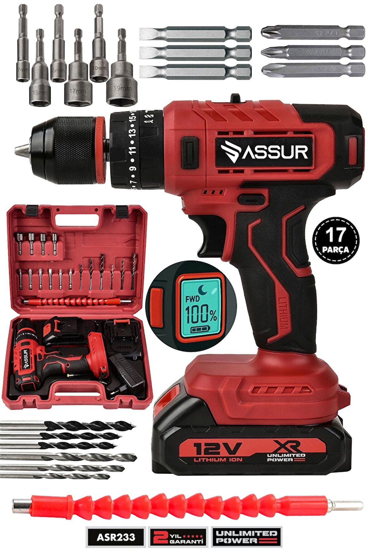 Assur 12V Çift Akülü Darbeli Şarjlı Matkap Dijital Göstergeli Akülü Vidalama