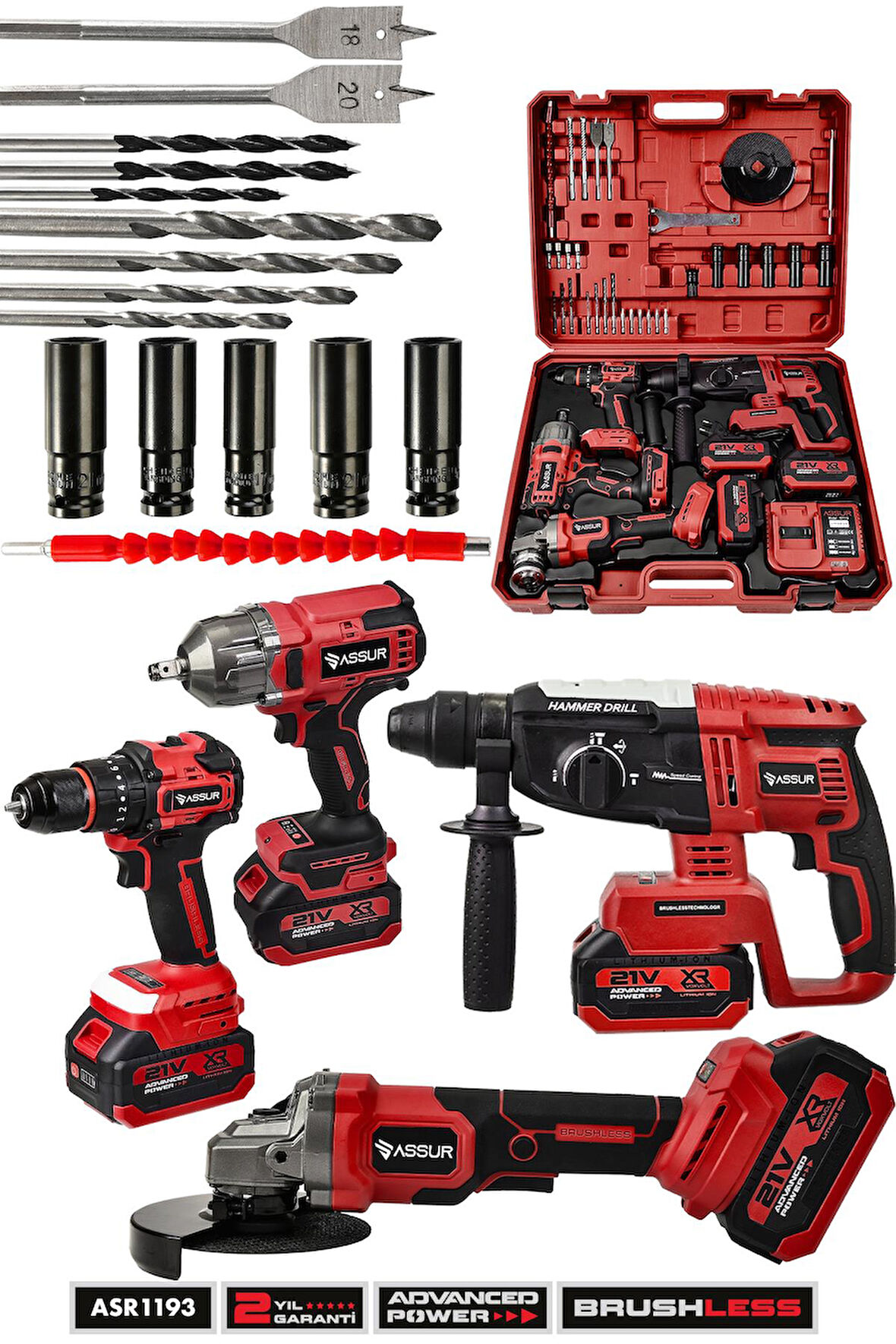 Assur 21V Darbeli Kömürsüz 4'lü Set Somun Sıkma Sökme & Matkap Vidalama & Kırıcı Delici Hilti & Taşlama