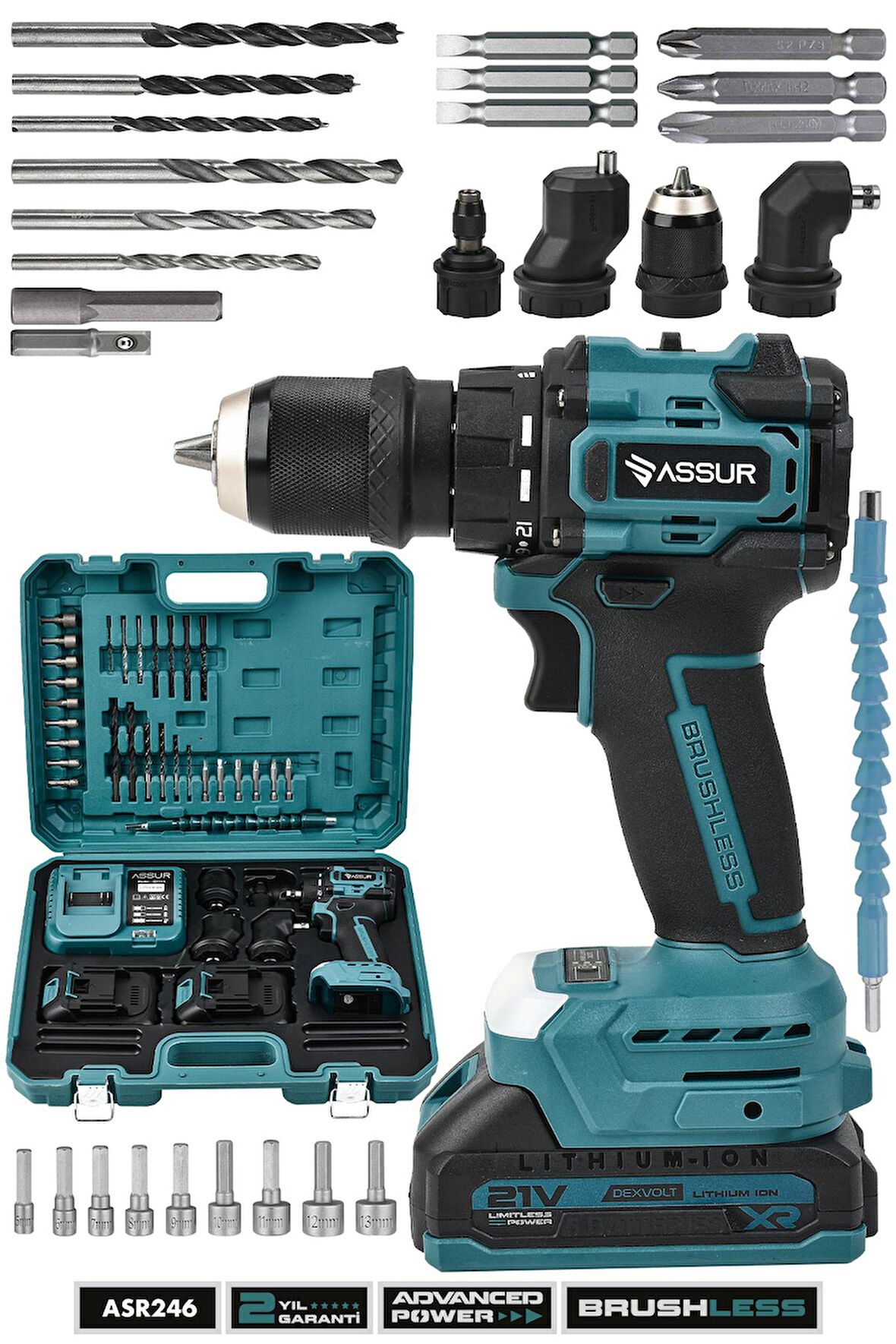 Assur 21V Çift Akülü 4 Başlıklı Kömürsüz Motor Darbeli Şarjlı Matkap Vidalama